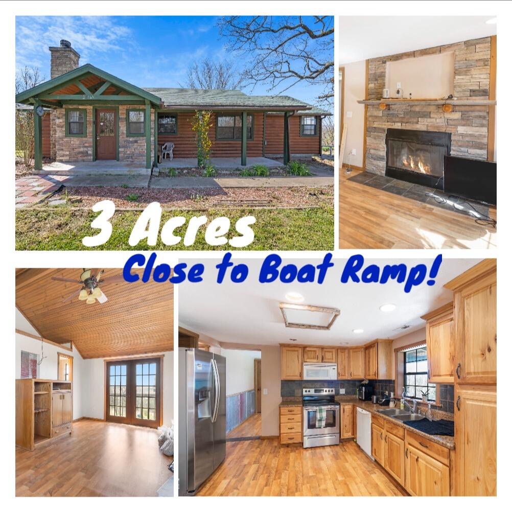 This cozy, log cabin style, Ranch home on 3 ACRES of land would be the perfect getaway or full time residence! The absolutely, breathtaking, panaromic Views of the Ozark Mountains are a MUST SEE! You and your family or friends are sure to have a fun summer enjoying the lake. The home features a welcoming covered front porch, before walking into the slate tiled mudroom. The comfortable living room features a stacked stone, wood burning, fireplace for those chilly winter nights. All 3 bedrooms are spacious with walk-in closets. The Master Bedroom has vaulted, tongue & grove wood, ceiling with french doors leading to the back deck with the spectacular views. Formal dining room, sizeable laundry room, & newer HVAC are a few more special features you'll find here.