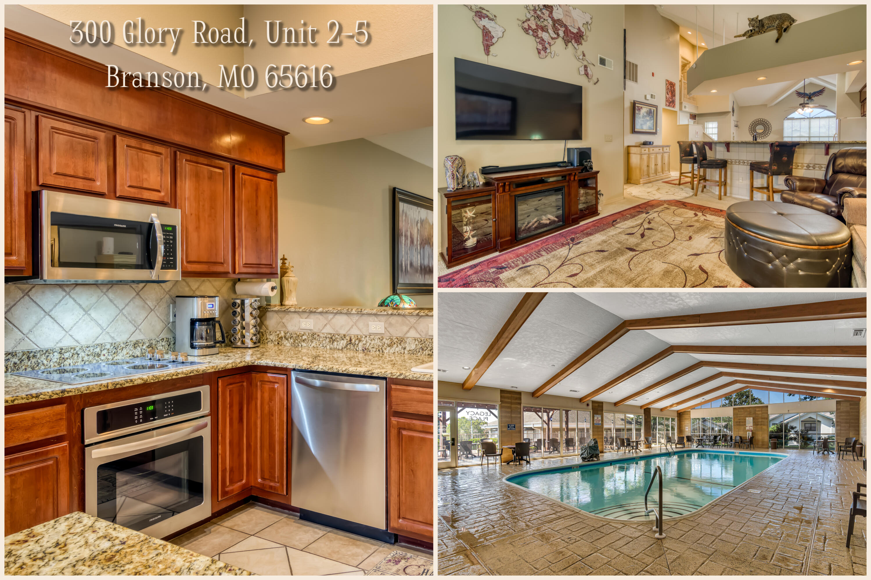 Enjoy the comfort and sophistication of this feature-rich, 3-bed, 3-bath penthouse unit residing in the heart of Branson.  This fully furnished condo is adorned with exotic art and decor that will ignite the imagination and leave your guests with a lasting impression. The cathedral ceilings and open floorplan make the space feel large and inviting.   When you enter, the dining space opens up to a well-appointed kitchen featuring stainless steel appliances, granite counter tops, roomy cabinets, new Culligan reverse osmosis water filtration system, island, and breakfast bar.  Adjacent to the living area you'll find the master bedroom and bath, with access to the heated and cooled sunroom.  Unwind and experience the beauty of all seasons with serene views of the Thousand Hills Golf Course all while getting in shape with personal fitness equipment included!  The main level also offers a second bedroom and connecting hall bath, along with new and included stackable washer and dryer set.  Upstairs you'll find the third bedroom, full bathroom, and oversized mechanical room featuring built-in shelving for added storage, newly replaced furnace with electrostatic air cleaner, and recently installed water softener.  This condo is located in the beautiful Legacy at Thousand Hills, complete with amenities including a clubhouse, large indoor pool, and spacious outdoor seating area. Plus, don't miss out on the highly sought-after garage space that is also available for purchase.  Whether you're looking for a place to call home or a new investment opportunity, this condo has everything you need and is sure to be a crowd-pleaser.