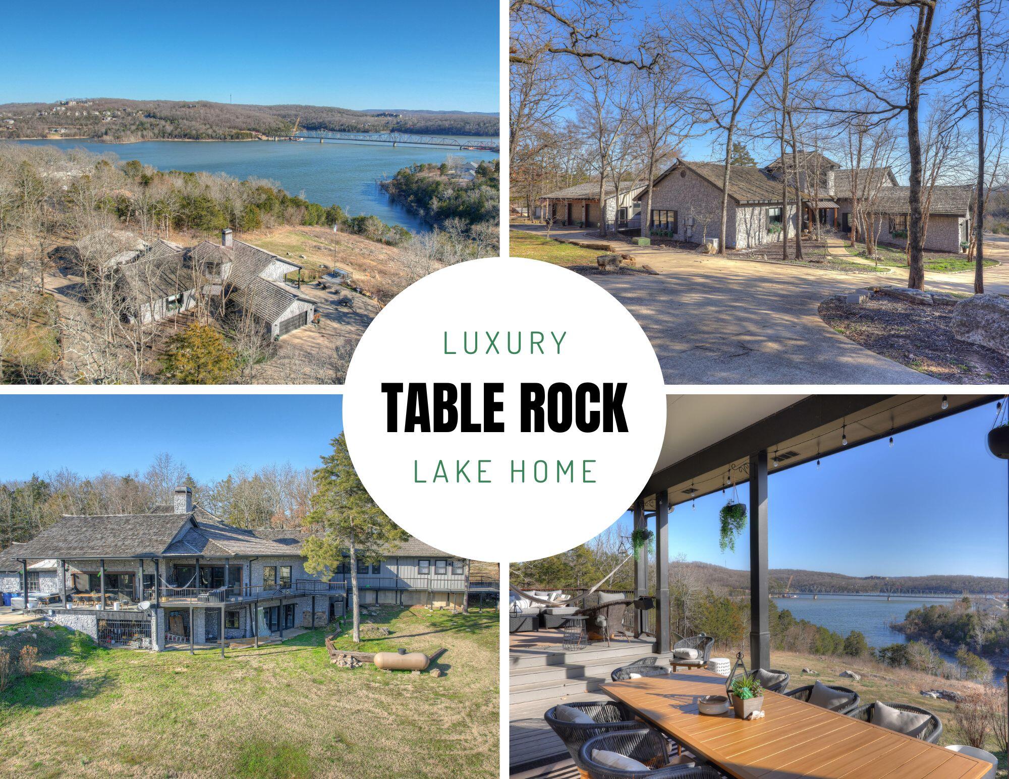 NEW PRICE!!!! 1 YEAR Aschoa Home Warranty is in place for the buyer. No Nightly Rentals.Table Rock Lake Luxury!   This waterfront 6300 sqft home has 6 total bedrooms, 4.6 baths, gated driveway and is located near Big Cedar on a large 4.5-acre lot.  Completely renovated in 2021. Guest suite also included has a separate entrance. Open concept living on the main level. Open double sided wood burning fireplace. Expansive back deck and large sliders for a gorgeous lake view year-round.  The new 6-person saltwater hub is the perfect place to end the day overlooking the lake.  The Primary bedroom is located on the main level and offers a spa like en-suite with a dual head plus rain head walk-in shower. Gourmet kitchen has a 6-burner gas range with hibachi surface, subzero refrigerator, Bosch ultra quiet dishwasher, and enormous kitchen island loaded with storage. Basement offers an additional kitchen, theatre room, 4 bedrooms and additional living area. There is a 2 car garage as well as a 3 car garage, so plenty of room for your lake toys.  Entire home has a backup Generator.