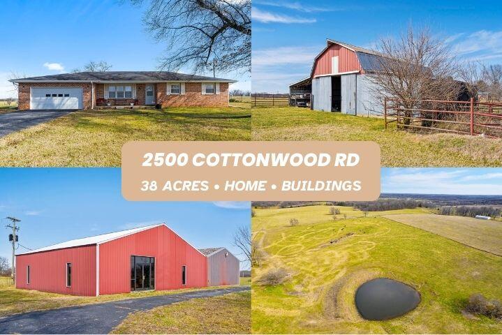 Endless possibilities with the Cottonwood Road farm consisting of 38 acres, multiple outbuildings and a 2,275 square foot ranch home. While this property has a Rogersville address it lies just inside Christian County with Ozark school zoning. The one owner home was built in 1971 and features 3 bedrooms, 2.5 bathrooms and an in-ground basement. The home's furnace, air conditioner, well pressure tank and water softener are all just a few years old. The large shop provides 3 phase power, concrete floor and multiple work areas. To the North of the shop is a 40x50 metal barn perfect for storage and equipment. The rolling pasture is perimeter fenced and crossed fenced with 2 ponds and a 25 x 70 hay barn on the Southeast end. This property is truly a special place with quick access to Ozark, Springfield and Rogersville. Live in the farm house while you build your dream home back on the land or transform the rolling pasture into a mini subdivision or family compound.