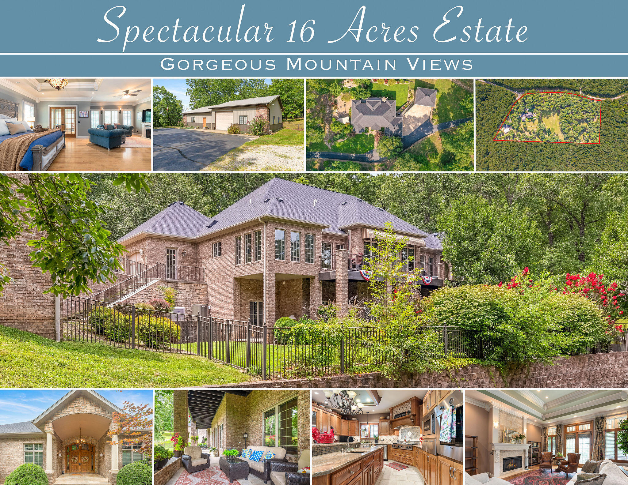 Welcome to Bonnie Oaks! Surrounded by 16 acres, this gorgeous estate welcomes you with 1/4 mile of custom wrought iron fencing along with 3 separate gated entrances! Once you get to to the all brick & stone house you will be impressed by the many outstanding features including 4 bedrooms, 2.5 baths, 5000+ sq. ft., 5' crawlspace, oak interior doors, high ceilings, black walnut, hickory & travertine marble flooring, Inclinator brand elevator with oak-paneled interior & phone, 2 gas fireplaces, intercom systems throughout, a chef's kitchen with commercial grade Viking appliances including a 48'' refrigerator, two dishwashers, granite counters, handcrafted cabinets, steamed black walnut tiered island & butler's pantry, a master suite fit for a queen with additional sitting area & bonus room perfect for office with a door out to the deck, his & hers closets, jetted tub with waterfall & heated marble floors, family room with Dolby surround sound, wet bar, office constructed with steamed black walnut, reinforced safe room with built in fireproof safe, large exercise room, attached oversized 2 car garage along with a detached 2 car garage, newly resurfaced asphalt driveway, brand new roof  and so much more! Outside is an outdoor lover's paradise with Multiple backyard and outdoor entertaining areas, a waterfall feature, outdoor kitchen with granite countertop with inset sink, grill & warming drawer, tons of deck space, hot tub and more! Up the drive you will find your 54 x 60 all heated and air conditioned shop which includes a bath & shower, office area, kitchen cabinets & 2 large walk-in closets! There's also a heat pump, 30 gallon electric water heater, 150 gallon propane tank, 6kw Koehler generator, separate septic & more! Don't forget the designated RV Parking with 50 AMP hook up & dump station! All this conveniently located close to Cape Fair Marina! You will fall in love with this piece of heaven on earth!