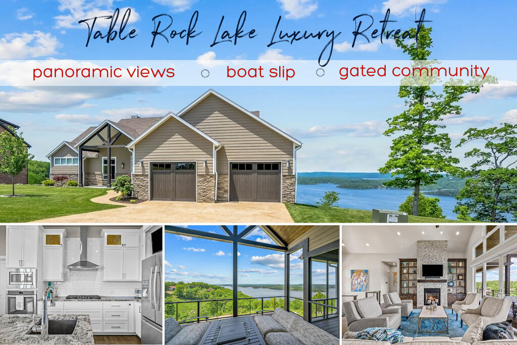For the pickiest of the picky! This one's it! If you've been patiently waiting for the perfect Table Rock Lake home, here's your opportunity. Looking fresh out of a designer magazine, this elegant, panoramic lake view home comes turnkey with all modern furnishings included. Custom built in 2018, for vacation use only, this amazing residence still feels and smells brand new. The moment you walk-in, you know you're someplace special! Not just a home, but a lifestyle. Wake up to fresh coffee on the deck overlooking a quiet slice of heaven. Then head outside to a flat backyard offering inviting greenspace for family games, pets, and entertainment. Later, a full BBQ meal on the screened deck along with roasting s'mores in the outdoor fireplace. Afterwards, head inside to the lower level living area with kitchenette offering plenty of space for family and guests. Then, later in the evening, soak it up in the hot tub while overlooking a glorious sunset on the lake, all while thinking, man, this place is awesome! In addition, there are two large boat slips available, plus, add in the lake view lot next door ($250k), which is already landscaped and fully irrigated to complement your estate. Located in Lodges of Pinnacle Shores, this gated community is surrounded by spectacular lake homes along with amenities, including lavish clubhouse and swimming pool. A great place to relax and live outside the hustle and bustle, yet only 17 miles from Branson and all the shopping, dining, entertainment, and attractions the Ozarks has to offer. Truly a rare find! Be sure to check out the 3D Virtual Tour.
