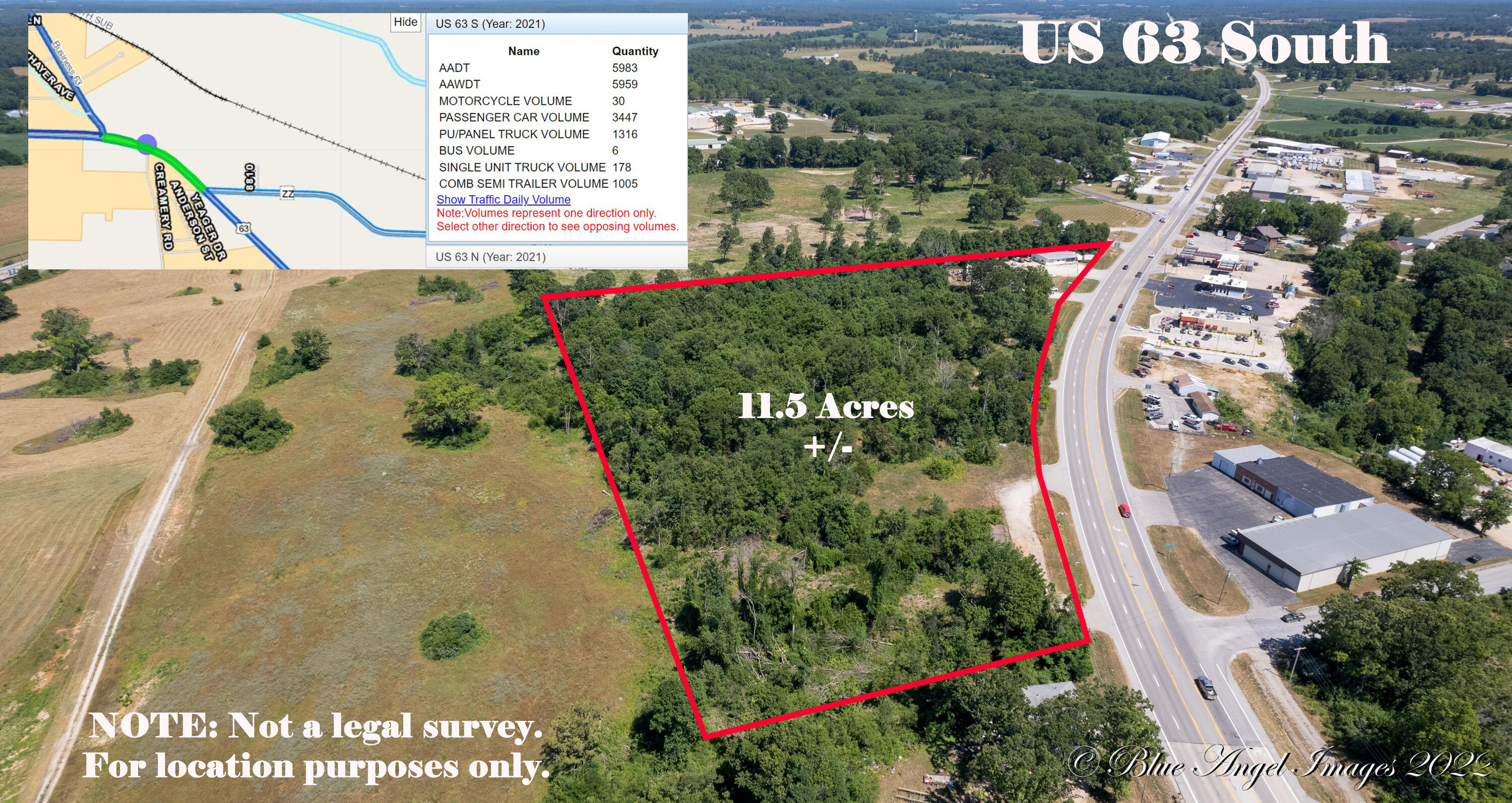 2 parcels - 6 acres and 5.5 acres each with a 40 x 60 metal commercial building. One is fenced in. Established businesses currently occupy both buildings paying monthly rent of $600. each. There is also an uninhabitable house on one of the parcels, do not try to enter, Room for expansion. (PARCELS CAN BE DIVIDED) Billboard income $300. yearly.  On a very active area of South US Hwy 63, with  5 approaches from Hwy. 63 Owner will divide on Parcel lines or Splits off the land end with buyer paying for survey! Possible owner terms to qualified buyer!