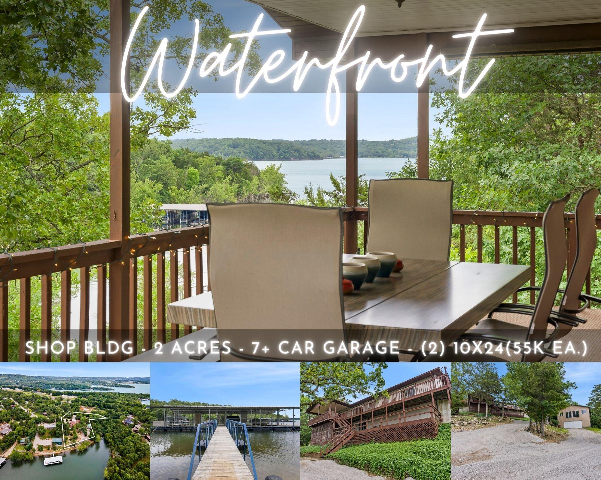 What will you say when you step foot into this #tablerocklakehome and see how close you are to the water?...''Wow, that's incredible!'' Perched just above pristine Table Rock Lake & boasting unparalleled sunset, panoramic, lake & mountain views, rests this exceptional Table Rock lakefront residence. Get ready for countless evenings enjoying crisp, fresh lake breezes, breathtaking sunsets, & the soul comforting sounds of nature & the waves breaking gently against the shoreline... it's a true paradise. If it couldn't get any better, you are only a few steps from two 10x24 boat slips just below the home (55k ea. additional $$), a gazebo, a gigantic two story shop building, a detached two car garage and an attached two car garage! Back inside it's an entertainers paradise featuring a vast open concept floor plan w/ an enchanting window wonderland of floor to ceiling year round lake views flooding in loads of natural light, four bedrooms & four bathrooms, multiple outdoor entertaining areas w/expansive partially covered deck system that creatively opens into the attached garage, & when we have to say goodbye to summer back inside enjoy cozy wood burning fireplace ready to warm your holidays year after year. Everything is meticulously maintained. Main level also boasts everything you need including the owner's ensuite, a guest bedroom, & spacious living room. Need more room for family/friends?! Lower level offers a spacious second living space w/ a walkout lower deck, two more bedrooms & full baths, tons of storage space, & second  laundry. All located in one of Table Rock Lake most sought after communities, Hoot Owl Point Subdivision & just minutes to downtown Kimberling City with local boutiques/eateries, spas, seasonal farmers markets, post office, grocery stores, etc, and less than 10 minutes to Reeds Spring Schools, medical facilities, pharmacies, and more. Come see it for yourself and live like you have always dreamed of waterfront @ 1256 Hoot Owl Point Drive.  :o)
