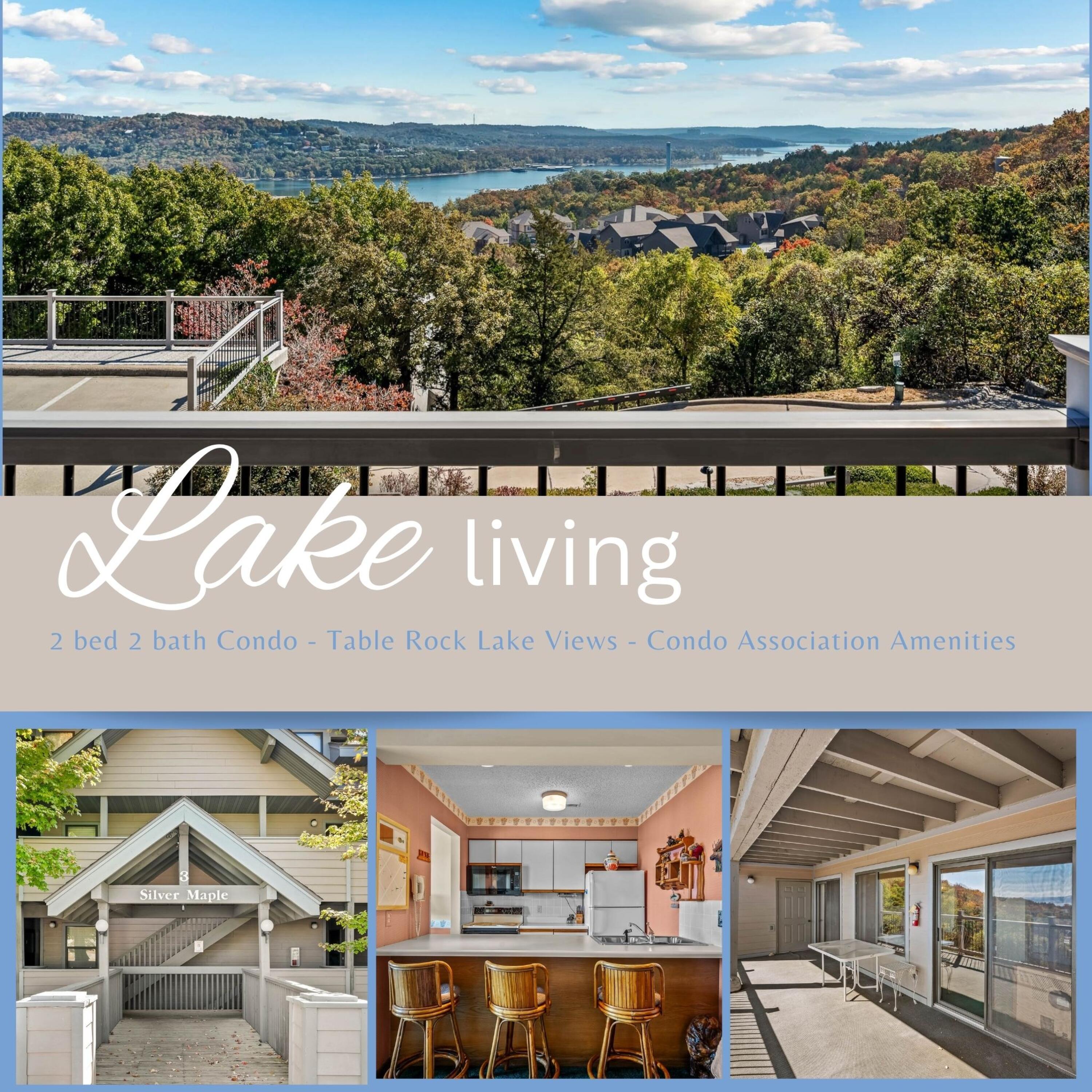 Welcome to 3 Treehouse Lane!  Embrace lake living in this charming condo with spectacular views of Table Rock Lake. Close to shopping, dining and entertainment, yet tucked away for a peaceful retreat--your lake getaway is here!  This unit offers 2 bedrooms and 2 bathrooms.  The condo will also be fully furnished and is approved for nightly rentals.  The Condo Association includes:  an outdoor pool, exercise and spa area, clubhouse, mowing, trash service, water and sewer.  Come see what this Treehouse Condo has to offer!