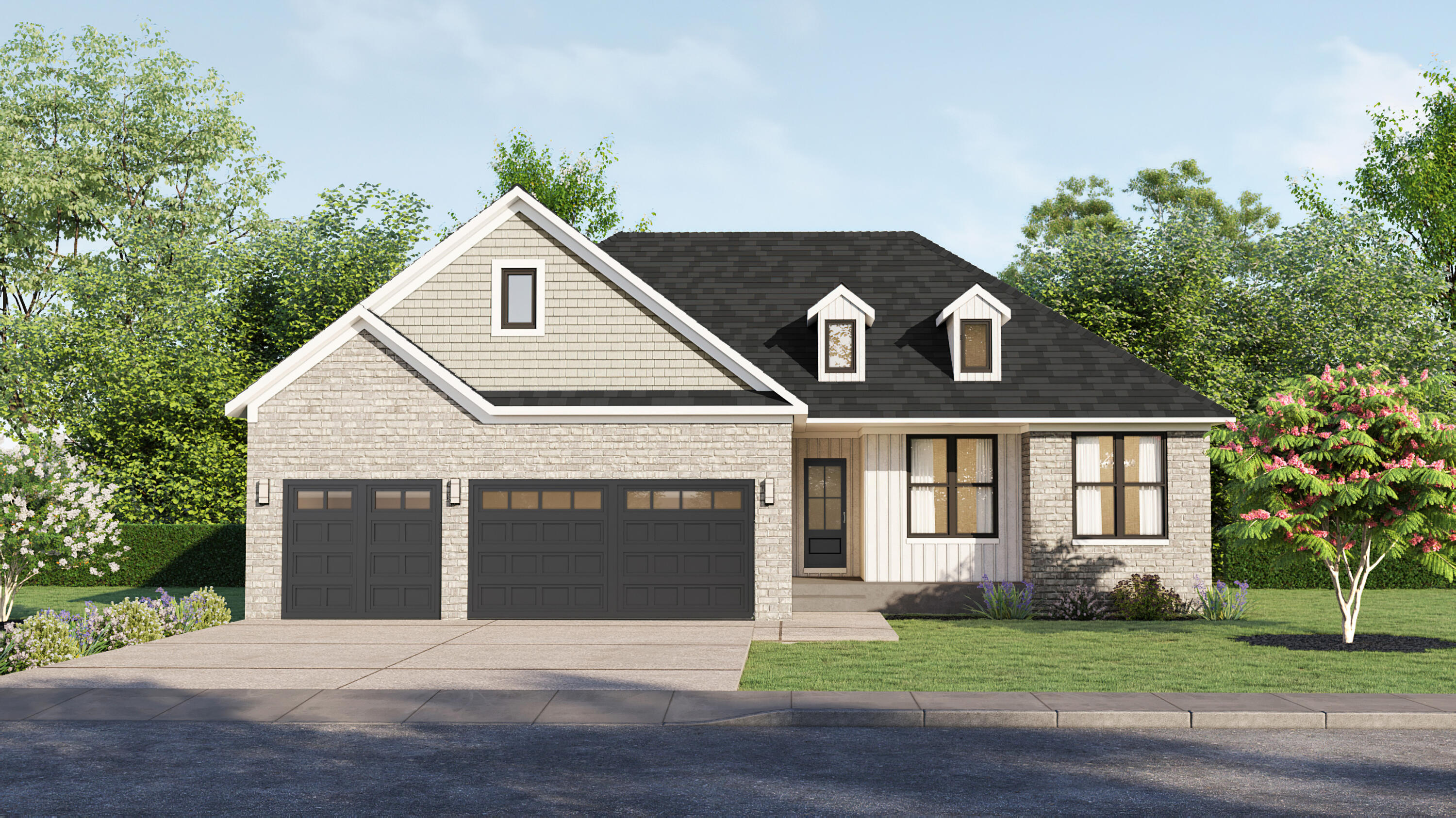 Trendsetter Homes at Lion's Gate. The 5-bedroom Daytona offers a flexible floorplan with countless ways to enjoy its expansive square footage. With three bedrooms (including the Master Suite) on the main living level and another two on the lower level, this home accommodates large families and/or guests with ease and style, with the help of three full baths. The heart of this home is surely the open Kitchen/Dining Area/Great Room, with access to the rear deck. A separate Family Room on the lower level provides the perfect spot to enjoy games, movies, and parties. Actual colors and finishes may vary.