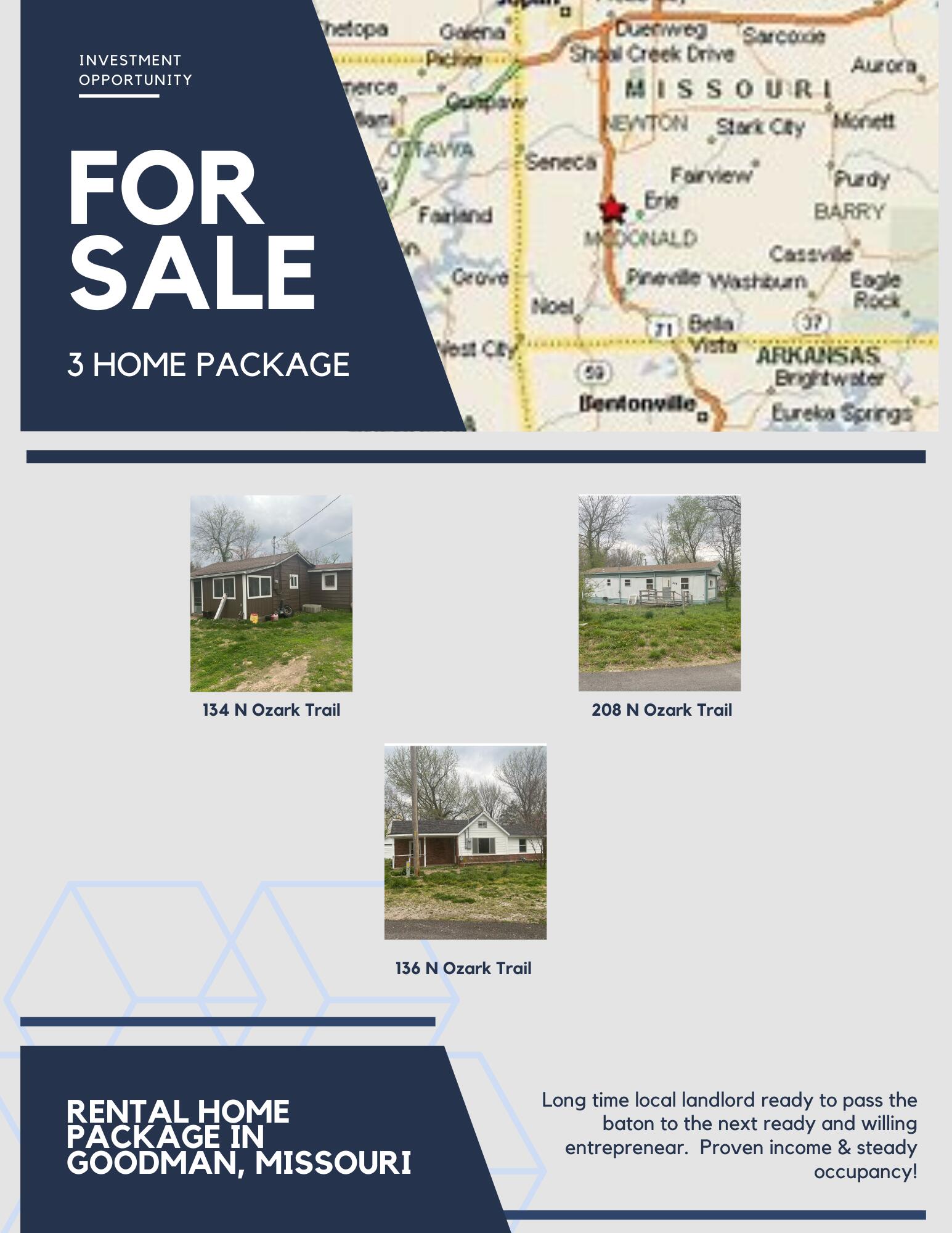*Investor Bundle*Longtime landlord looking to retire and pass the torch.This offering is for a total of 3 rental properties, as a whole, with 2 being actively rented and 1 vacant.This is a turnkey investment opportunity for the ready and determined investor, with all 3 units being closely and conveniently located in the city of Goodman, Missouri.This package is priced to sell and with demand outweighing supply in the rental market, this is an opportunity that you won't want to let slip away.