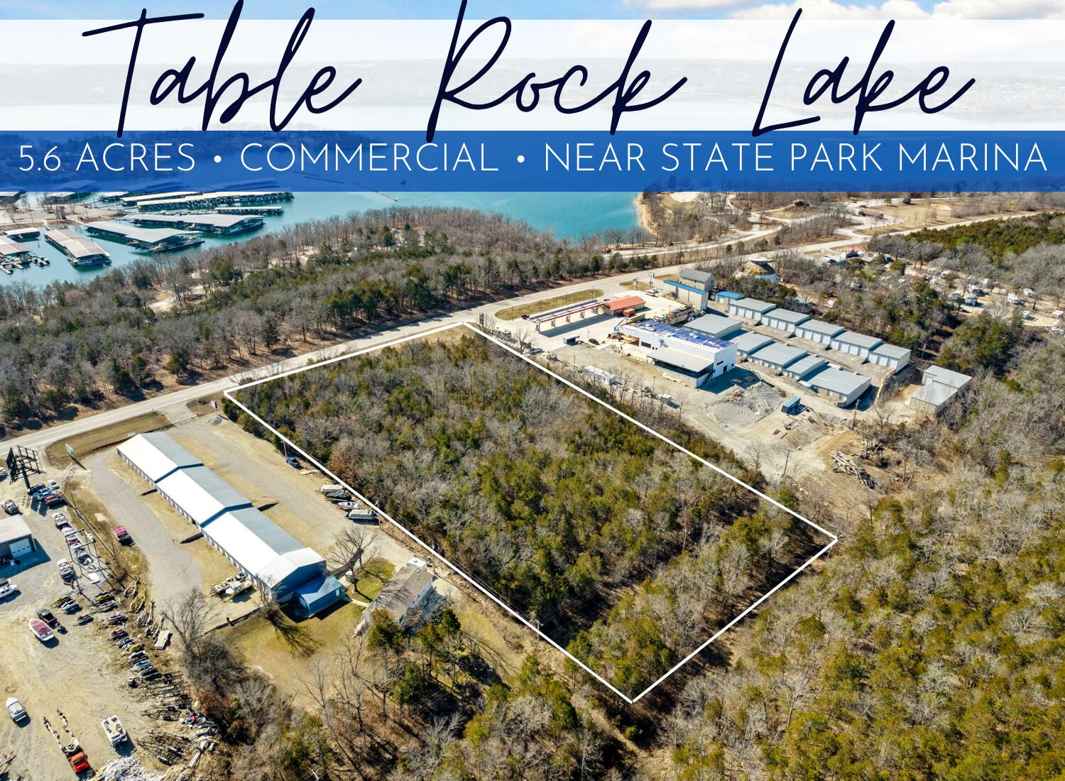 SELLER WILL ACCEPT BACK-UP OFFERS. Commercial opportunity in a premier location just seconds to Table Rock Lake! 5.6 acres with commercial zoning & approximately 400' of highway frontage. Restaurant, bar, nightly rental, convenience store, retail, office building.... the possibilities are endless. Situated between Area 71 and Store It Smart Self Storage on Highway 165 near State Park Marina and Dewey Short Visitor Center. Phenomenal traffic counts with growing developments all around. 5-minute drive to Lake Taneycomo fish hatchery and 10 minutes to all of the excitement of the Branson strip.