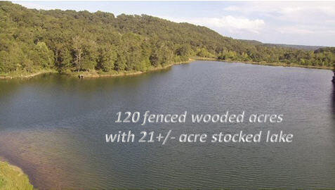 YOUR OWN PRIVATE LAKE!  If you like to FISH and HUNT or just enjoy nature, this place is for you.  It offers a secluded 120 acre wooded property with a PRIVATE 21+/- acre STOCKED LAKE.  The lake is spring fed and has 2 shut off valves and a swim dock.  It is stocked with bass, perch, crappie, bluegill, and catfish, and the wooded acreage has plenty of wildlife.  There is a 2400 sq ft  covered pavilion near the lake which is great for parties, picnics, or other family gatherings.  The property also offers a heated and cooled 1500 sq ft residence with 1 bedroom, 1 1/2 bathrooms, kitchenette, laundry area, large game room, well, and lagoon.  The home needs a little TLC. The entire property is fenced with 8' woven wire.  This location is private but only 13 miles to WalMart in Ozark, 37 miles to the Branson area, 24 miles to Springfield, and 3 miles to a Dollar General.  Seller may consider owner financing with sufficient down payment.  This property is also listed as residential under MLS # 60207955.
