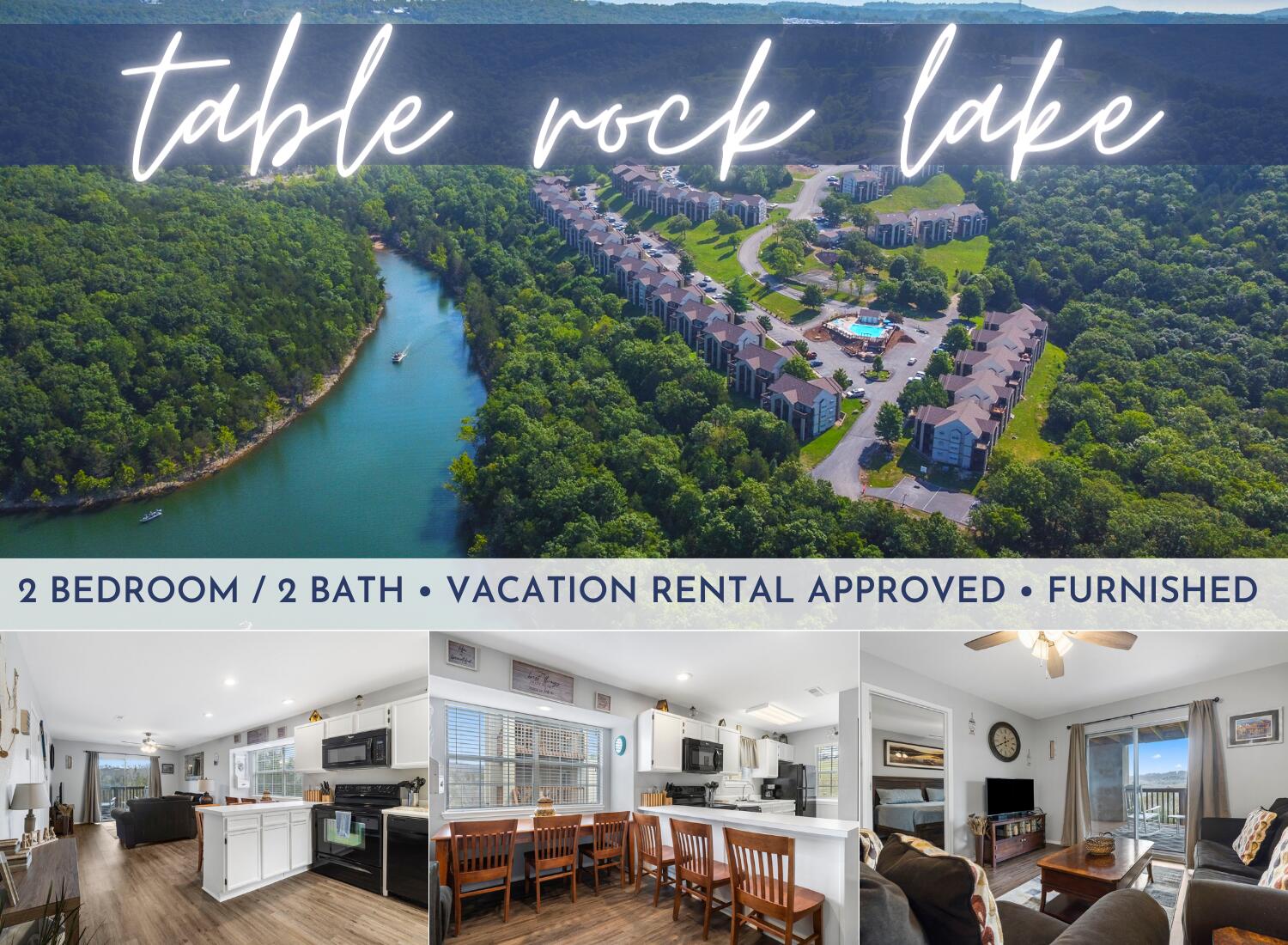 Furnished, freshly updated 2 bedroom / 2 bath unit in Lantern Bay Condos! This established Table Rock Lake front development is close to all the action on Indian Point - this peninsula is an extremely popular destination for visitors staying in the Branson area. There's a little bit of everything on Indian Point - marinas, campground, restaurants, bars, access to Table Rock Lake & let's not leave out the world-famous Silver Dollar City that is adjacent this development.  Owners and guests have an outdoor pool, hot tub, courts & playground to enjoy onsite.COA dues only $275/month.  All future bookings to be honored by and transferred to Buyer.Some personal items do not convey.Seller is a licensed Real Estate Agent.