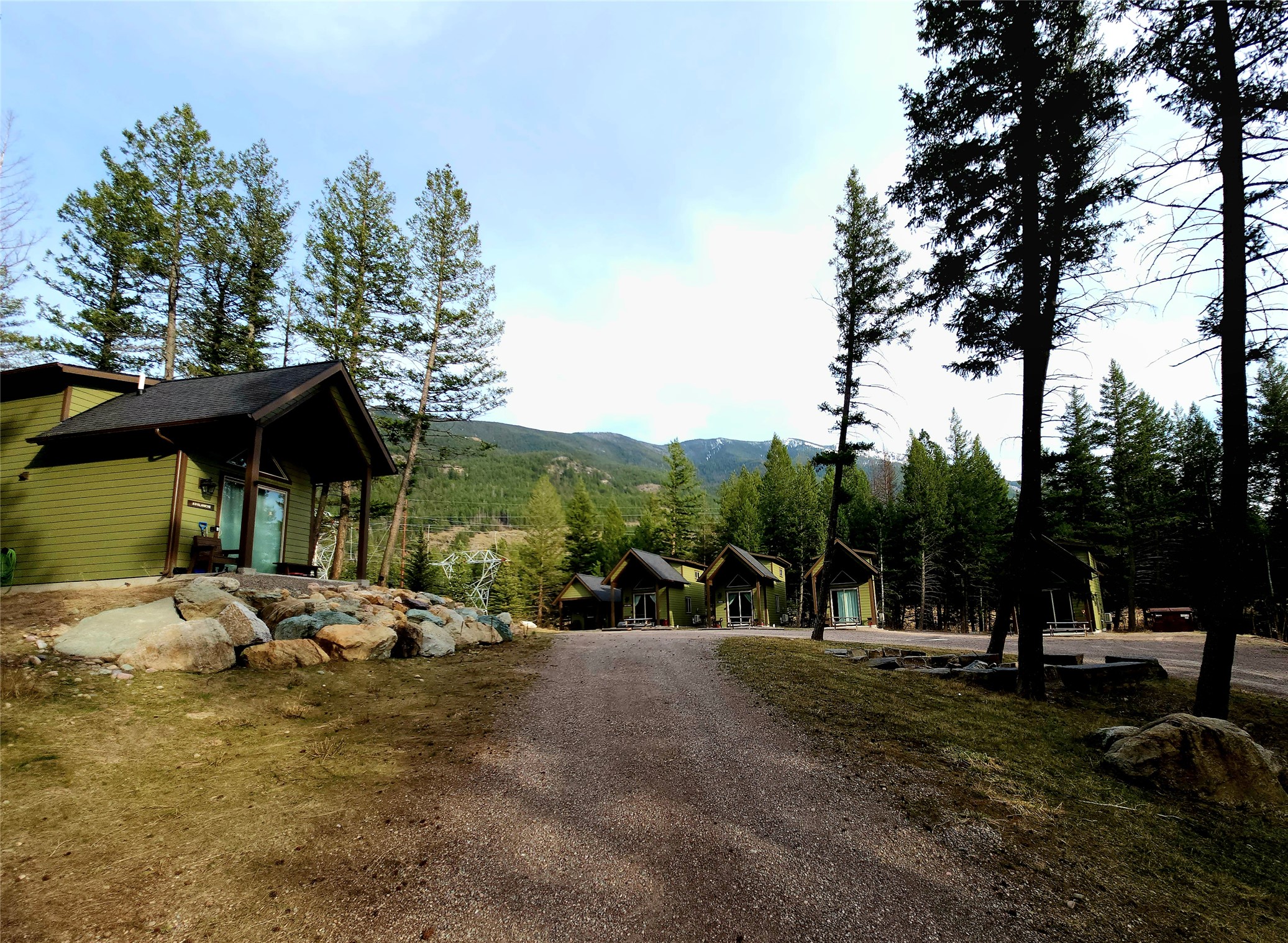 Cabins - Avalanche Cabin on left, other 4 cabins and laundry on right.