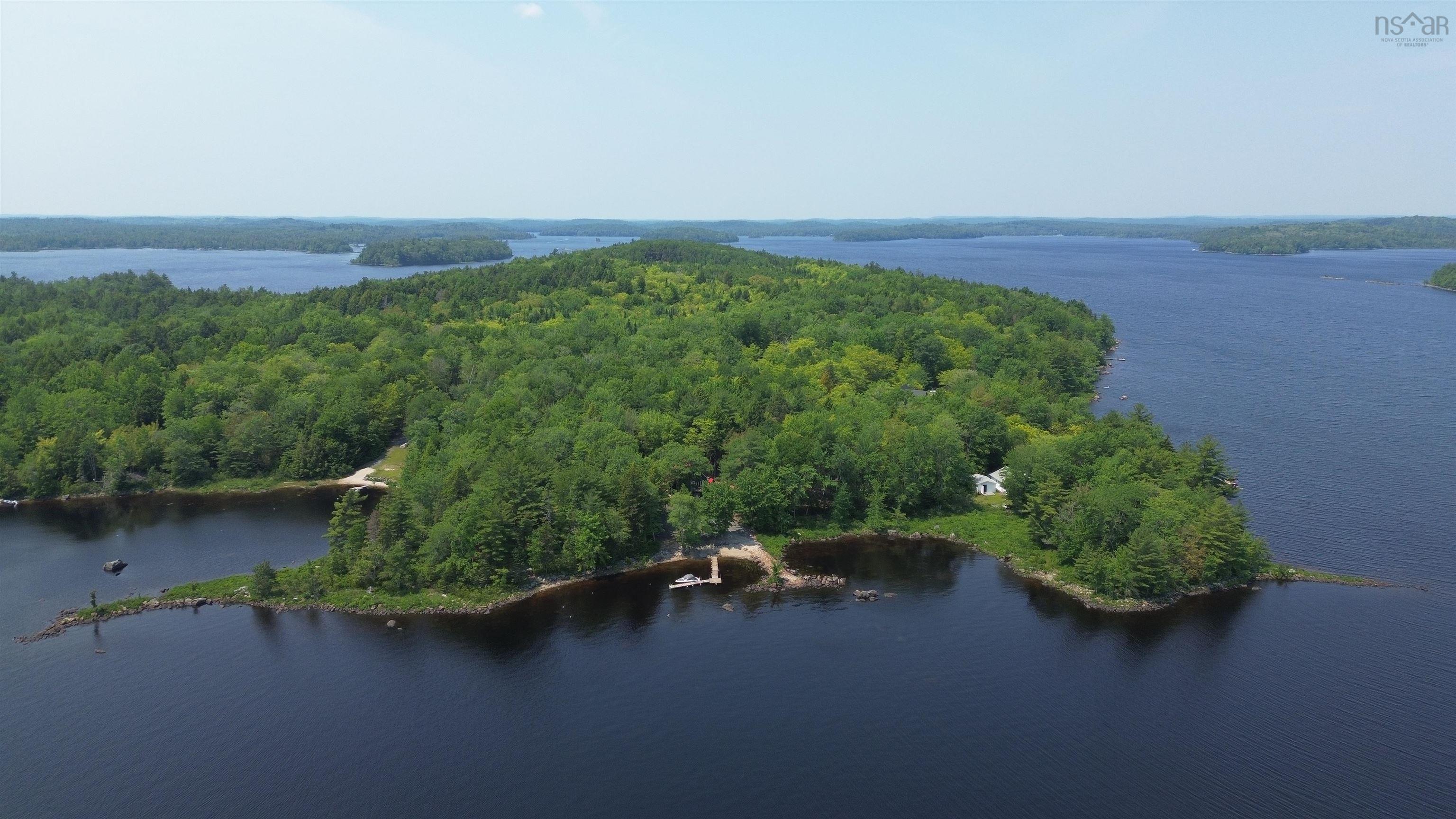 Expansive waterfront property featuring dense, mature tree coverage and multiple water access points