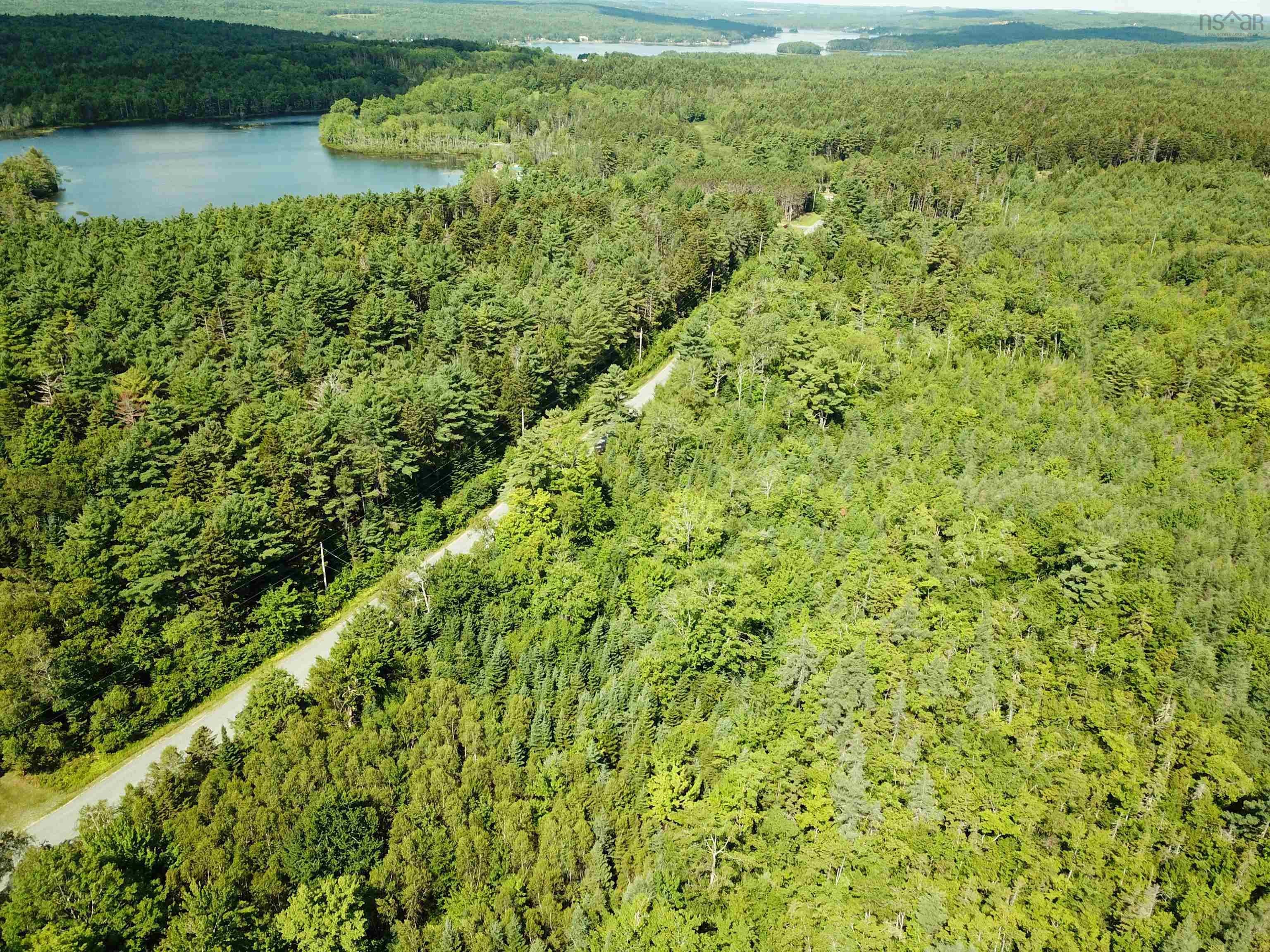 Aerial overview of property's location featuring a forest and a nearby body of water