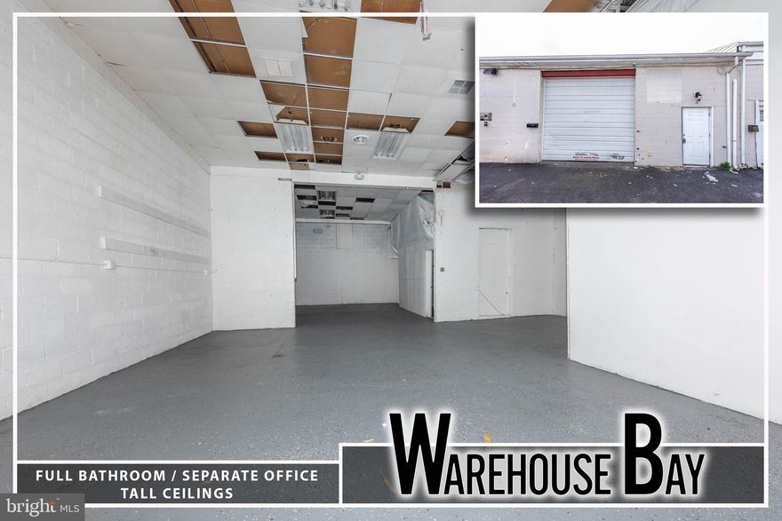 CONTRACTOR WAREHOUSE / OFFICE SPACE FOR LEASE - Perfect for storage, light automotive, shipping company, or contractor. Space is approximately 1,650 square feet and includes waiting room, office, full bath and open garage workspace. 11 foot roll up door with 13 foot ceilings and overhead electric heater. Shared parking area in front of garage. On-site Property Manager and 24-7 video surveillance. Tenant pays electric. Water is included. Convenient location just off of Pulaski Highway in Rosedale.