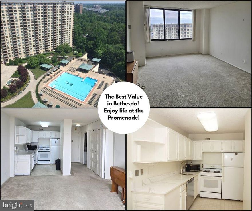 The absolute best value in Bethesda and the Promenade with all the amenities! Welcome home perched on the top level (18th floor), this light-filled penthouse 1-bedroom, 1-bath residence offers comfort, convenience, and resort-style living all in one. Spanning 630 square feet, the thoughtfully designed layout features an open living and dining area bathed in natural light from expansive windows overlooking the sparkling pool—creating a bright and inviting space to relax or entertain.

The kitchen is beautifully appointed with granite countertops, a gas stove, and stainless steel dishwasher and microwave—perfect for everyday living and effortless meal prep. The spacious bedroom includes a walk-in closet and convenient dual-entry bath, combining functionality with comfort.

Ideally situated just steps from the elevator and directly across from the laundry room, this unit makes daily living a breeze—no long hallways to navigate with groceries or laundry, and easy access for both you and your guests. A dedicated garage parking space adds even more convenience.

Located within The Promenade, a lush 24-acre gated community in the heart of Bethesda, this co-op offers an unmatched lifestyle at an incredible value. Residents enjoy an extraordinary array of all-inclusive amenities designed to make every day feel like a retreat. Pick up groceries, grab a sandwich, or enjoy a glass of wine at the on-site market and deli. Meet friends for lunch or dinner at Café Promenade. Indulge in the full-service salon, unwind with a massage, or relax in the sauna and whirlpool.

Stay active with indoor and outdoor pools, tennis courts, a fully equipped fitness center, and a variety of classes including yoga, Zumba, and dance. Enjoy the community garden, host a picnic or barbecue, curl up with a book in the library, or attend film screenings and social events—there is truly something for everyone.

And when you do venture out, you’ll appreciate the unbeatable location with quick access to the Beltway, I-270, downtown Bethesda, and beyond. The Ride-On bus stops right at the front lobby, offering a quick 10-minute ride to the Metro. Plus, nearby bike and walking trails connect you to the Bethesda Trolley Trail, Rock Creek Park, and the Capital Crescent Trail.

Experience the ease, value, and vibrant lifestyle of penthouse living at The Promenade—you may never want to leave. Check out their website too see the full list of amenities they have to offer!

Buyers MUST be approved by the Promenade their list of requirements in the Documents, have your agent review with you before showing.