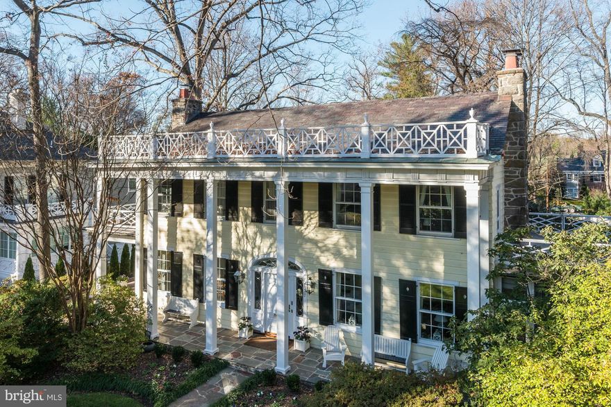 Distinguished, stately facade + large luminous rooms w/tall windows, high ceilings + beautiful architectural detailing. Wonderful, rambling floor plan, large common areas, gleaming newly renovated (2015) kitchen. 5BR/4BA on second floor plus top floor BR/BA; picturesque 2-story breezeway, multiple porches + balconies and lush, landscaped garden.