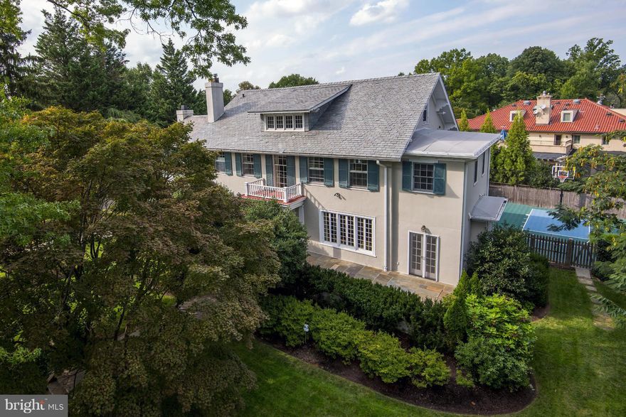 Bright + beautiful Georgian offers wonderful space for elegant entertaining and casual living, both indoors + out. Kitchen + family room open to large decks overlooking lovely pool + sport court. Spacious master suite with separate sitting room/office + 4 additional bedrooms up including finished attic w/loft, BR + BA. Lower level playroom, full bath, exercise room.