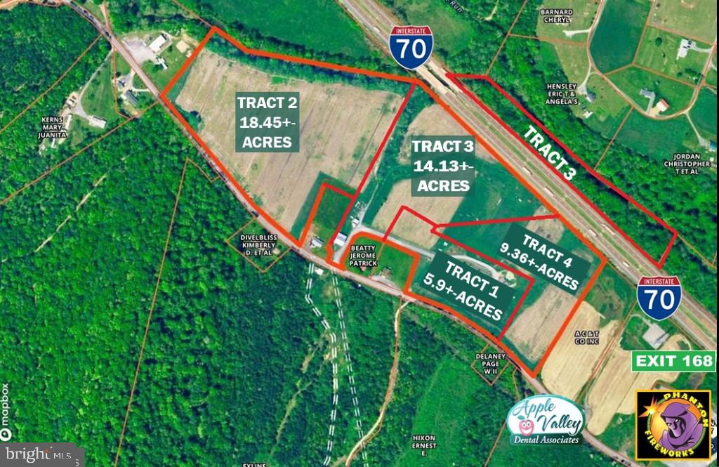 UNLEASH UNLIMITED DEVELOPMENT POTENTIAL! 29.39 acres of land located on Rt 70 at the Warfordsburg PA interchange, offered in 4 tracts and as a whole. The property has over 2000’ of frontage on Interstate 70 and approximately 2000’ of frontage on Buck Valley Road. There is no zoning, allowing for unlimited potential for development, including warehouses, retail, industrial, convenience stores, truck stops, fireworks stores, car dealerships, and more. The property has public sewer crossing it and is easily accessible with on and off access to I-70, just minutes from I-81 and Hagerstown Maryland.
Tract 1 is 5.9 +/- acres with a square retail building/warehouse with loading docks. Tract 3 is 14.13 +/- acres with frontage on both sides of Interstate 70. Tract 4 is 9.36 +/- acres with frontage on Interstate 70 and Buck Valley Rd.
This property will be offered at a sealed bid auction with bids being due on Friday June 9, 2023 @ 1:00 pm. List price in no way represents minimum, starting, or acceptable bid. It is used only as a guide to find the home.