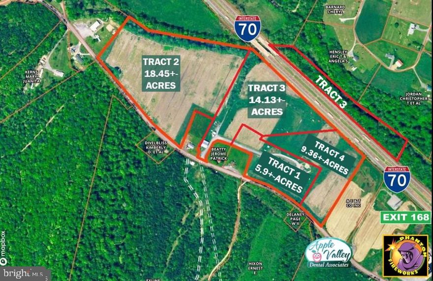 UNLEASH UNLIMITED DEVELOPMENT POTENTIAL! 29.39 acres of land located on Rt 70 at the Warfordsburg PA interchange, offered in 4 tracts and as a whole. The property has over 2000’ of frontage on Interstate 70 and approximately 2000’ of frontage on Buck Valley Road. There is no zoning, allowing for unlimited potential for development, including warehouses, retail, industrial, convenience stores, truck stops, fireworks stores, car dealerships, and more. The property has public sewer crossing it and is easily accessible with on and off access to I-70, just minutes from I-81 and Hagerstown Maryland.

Tract 1 is 5.9 +/- acres with a square retail building/warehouse with loading docks. Tract 3 is 14.13 +/- acres with frontage on both sides of Interstate 70. Tract 4 is 9.36 +/- acres with frontage on Interstate 70 and Buck Valley Rd.

This property will be offered at a sealed bid auction with bids being due on Friday June 9, 2023  @ 1:00 pm. List price in no way represents minimum, starting, or acceptable bid. It is used only as a guide to find the home.