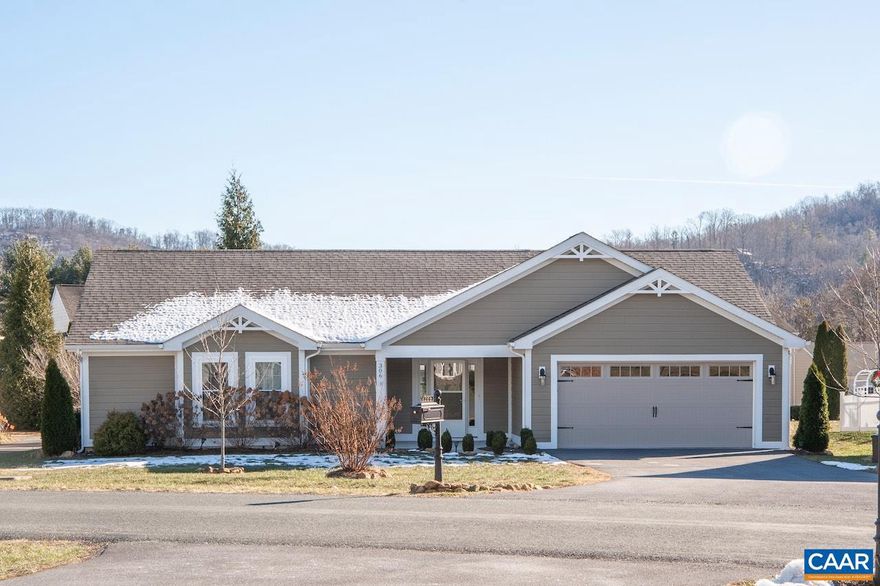 Rare opportunity to own a nearly-new home! Better than new because all of the finishing touches have been made to include a lush green lawn, landscaping with lighting, fenced back yard, and sunporch. Ideal one level living (stepless entry) to comfortably age in place and to also be able to pick up and go; work less and play more since the home has many low maintenance features (Hardie Plank siding with warranty) AND the yard is maintained by the community. Many extras: Vaulted ceilings, bright and open flow greatroom/kitchen/dining for easy entertaining, beautiful kitchen (wood cabinetry, breakfast bar, and granite countertops), primary suite (with walk-in closet and private bath with tiled shower), sunroom with mountain, pasture and backyard views (perfect for bird watching!), patio, covered front porch, two car garage with Tesla charger, paved drive, nearly level yard (borders Wintergreen open space in back for a more spacious feel), and fiberoptic internet. Short stroll to golf/clubhouse, farmers market, and Nellysford town hub with banking, doctor/dentist, grocery, and dining. Only minutes to Nelson 151 wine and brew trail and Wintergreen mountain for outdoor recreation; about 30 minutes to Charlottesville.,Granite Counter,Wood Cabinets,Fireplace in Great Room