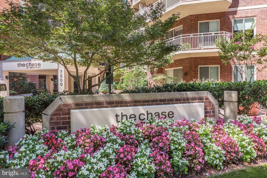 7500 Woodmont Avenue #208, The Chase, is a luxurious pet-friendly condominium community right in the heart of Downtown Bethesda. Residents enjoy the walkability to local shops, restaurants, and the Metro while being tucked away in an amenity-filled building. The Chase features an elegant lobby, on-site fitness center, community pool, tennis courts and outdoor spa. This fabulous location offers convenient access to all that Bethesda has to offer. This updated and well-maintained condo, in such an excellent location with covered garage parking spot and storage unit, is not to be missed!This one-bedrom and one-bathroom condo is bright and spacious featuring soaring 9+ ceilings! Hardwood floors run throughout the living room and kitchen featuring an oversized sliding glass door leading to a spacious balcony. The kitchen features stainless steel appliances, an abundance of cabinets, and granite countertops with bar seating. The open layout of this condo is perfect for entertaining! The carpeted bedroom hosts an oversized window with city street views and a spacious closet. The bathroom has an updated vanity with granite countertops, and soaking tub. An outdoor balcony and in-unit washer/ dryer complete this wonderful home! PARKING SPACE #166 & STORAGE UNIT.