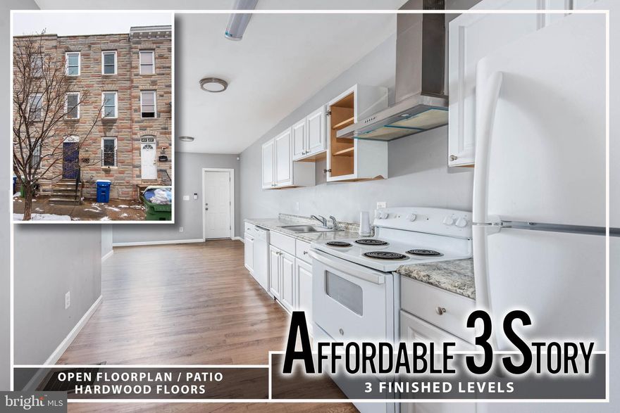 AFFORDABLE 3 STORY ROWHOME WITH OVER 1,200 SQ. FT. OF LIVING SPACE!  Open floor plan with wood flooring throughout the main level, a spacious living room, updated kitchen, main level Primary bedroom suite with a full bath, 2nd level with a bedroom, full bath with laundry area, 3rd level with 2 additional bedrooms, unfinished basement for storage, and a rear patio.  Convenient to downtown Baltimore, stadiums, and major roadways.  Sold As-Is!