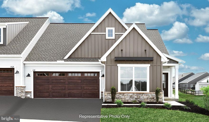 UNDER CONSTRUCTION – AVAILABLE THIS WINTER: This lovely new duplex at Winding Creek 55+ is a thoughtfully designed 1-story home with 2 bedrooms, 2 full baths, and a 2-car garage with a mudroom entry. The front entry opens to the foyer, secondary bedroom and bathroom, perfect for guests. Stylish vinyl plank flooring flows throughout the main living areas. The kitchen, well-appointed with quartz countertops, a tile backsplash, stainless steel appliances and a large pantry, is adjacent to the dining area and great room to create an open plan. The great room makes a grand impression with its cathedral ceiling, wood beam detail and a beautiful fireplace with a stone and shiplap surround. Sliding glass door access in the great room leads to a composite deck, perfect for outdoor relaxation. Tucked quietly to the back of the home, the owner’s suite features an oversized closet and a private bathroom with a tile shower and double bowl vanity.