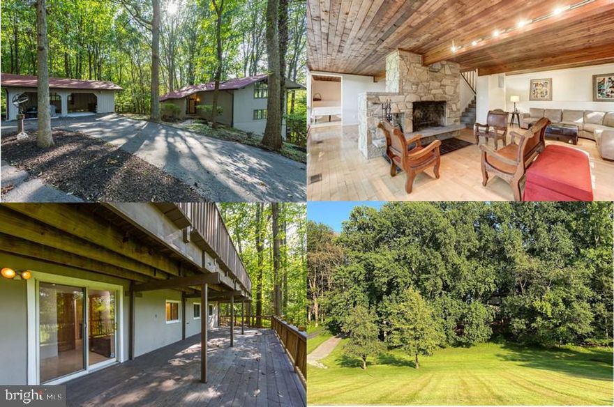 No HOA and a commuters dream!  Your very own, private retreat awaits! Perched upon over three private acres surrounded by wooded wonderland, this picturesque 5-bedroom contemporary, cabin home captivates the senses.  Beautiful, natural, beamed ceilings adorn the main level.  A massive family room and dining room with hardwood flooring offers panoramic views from floor to ceiling windows.  Centered as the focal point stands a stone double sided fireplace.  A kitchen with center island, custom refrigerator/freezer, granite counters and table space, provides the perfect space to prepare a meal while feeling like you are in a mountain hideaway!  A primary bedroom with private bath and three additional bedrooms occupy the upper level, all with vaulted ceilings boasting natural, exposed wood.  The lower level offers a private space with 5th bedroom and walk out to huge deck that spans the length of the home – a perfect spot to entertain or relax with nature!  This unparalleled property offers a pond stocked with bass and catfish for fishing, a boat house, shed, two car detached garage and stunning views for every season!