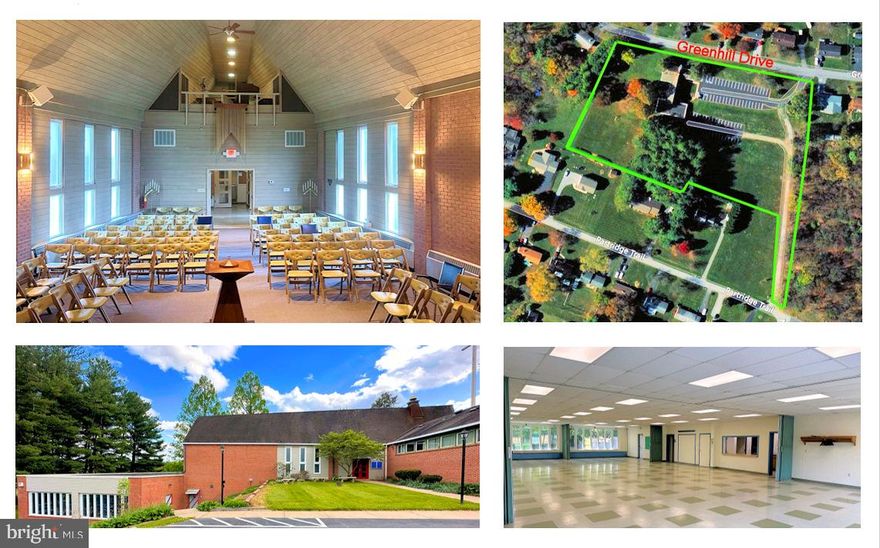 Located off Jefferson Boulevard, west of Robinwood Drive, this turnkey religious complex is ready for a new congregation. Occupying over four acres of land, the property offers numerous spaces for worship and ministry, plentiful parking, and pleasant outdoor spaces. The building includes a sanctuary, classrooms, offices, reception areas, fellowship hall and kitchen.  Entering the approximately 8500-SF complex through the main lobby, to the right is the sanctuary, with chair seating for approximately 150, and additional seating in the choir loft. To the left of the lobby is the school wing, with two restrooms and four classroom/ office/ meeting rooms. Continuing straight from the lobby are the reception area/coffee bar and pastor’s office – both of which could be repurposed for multiple uses.  The property is zoned RT (residential transition), and permits schools and childcare by right.  The property would be suitable for daycare.  There are also additional uses permitted with special exception.  Originally, the complex had been designed with a different configuration than what exists today. The hall and kitchen (which currently have no internal passage to the church) were intended to be the lower floor of the complex, with the sanctuary as the upper floor. The area of the building that is now the lobby, coffee bar, and pastor’s office was intended to be a porte cochere – or covered driving entrance – between the church and school wing.  Thus, it may be possible to expand the building and/or create an interior connection between the hall and church. An architect should be consulted to verify the possibility.  The HVAC includes oil-fired hot-water heat, baseboard heat, and central A/C and mini-split in the church and school wing (excludes the hall). Wall units in the school wing are redundant. The property has easy parking – paved and striped for 42 vehicles on the upper lot, and 38 on the lower lot. Overflow parking could be utilized along the driveway.  The property is served by public water and septic.  The estimated square footage includes the choir loft and kitchen, making it larger than than the tax assessed square footage. There is no option to lease.