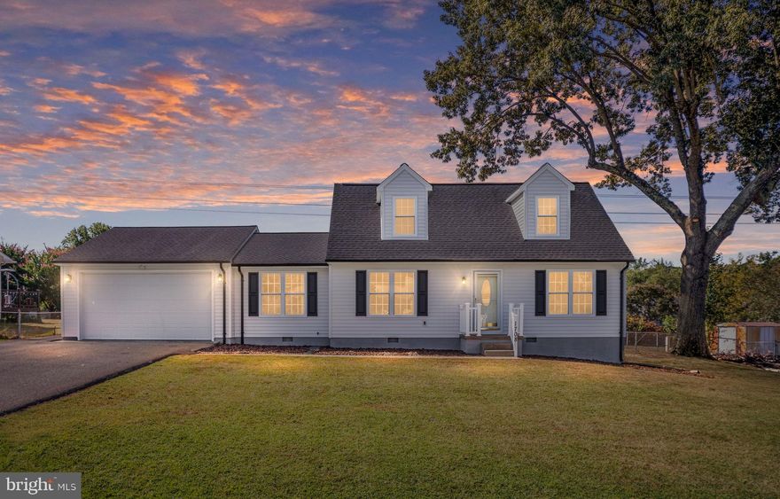 Great Location!!  This Spacious Cape Code Home with 4 Bedrooms (2 Bedrooms on Main Level, 2 Upper level), 2 Full Bath with a 2 Car Garage! Over 1,700 Sq. Ft. Of Living space.  Enjoy This Well Maintained home , Large Rooms, Hardwood Floors in family room, Fenced Backyard.      *** New Roof, New Vinyl Siding, New Windows, New Shutters and New gutter system, New exterior lighting. New insulation in the crawl space. New Stove and Dishwasher.  New Garage Door.  HVAC system is a Trane.     ---Large Garage is 20' x 28'(deep)   Extra large garage door 8' x 16' ,   and garage has a center drain, and 220 outlet ,   2 vehicles can fit in this space and 4 vehicles in the driveway***      Only Minutes to The VRE (Leeland Station) and Nearby Shopping & Schools. Convenient to Dahlgren and Quantico, I-95, downtown Fredericksburg.  Wonderful neighborhood and no HOA.