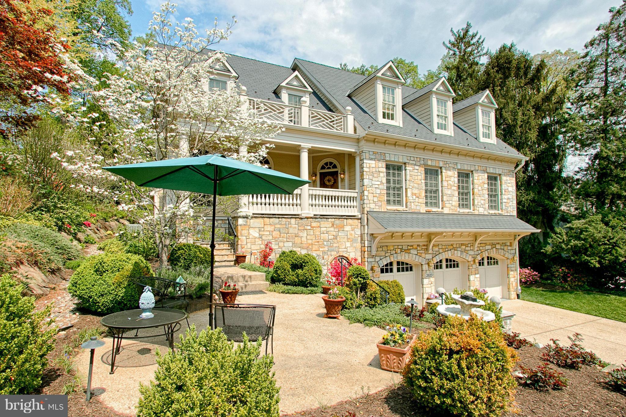 RARE opportunity for savvy buyer:Built in 2007 on a stunningly landscaped 18,000 sq ft lot this well-appointed 5BR home is reminiscent of old world charm w/exceptional detailing/10' ceilings/solid wood 9 ft doors/perfect for formal entertaining or relaxing in style. Lovely owners suit plus 3 en suite BRS upper level Guest room LL Cozy outdoor FP/patio ELEVATOR TO ALL LEVELS 3 car garage. Must See