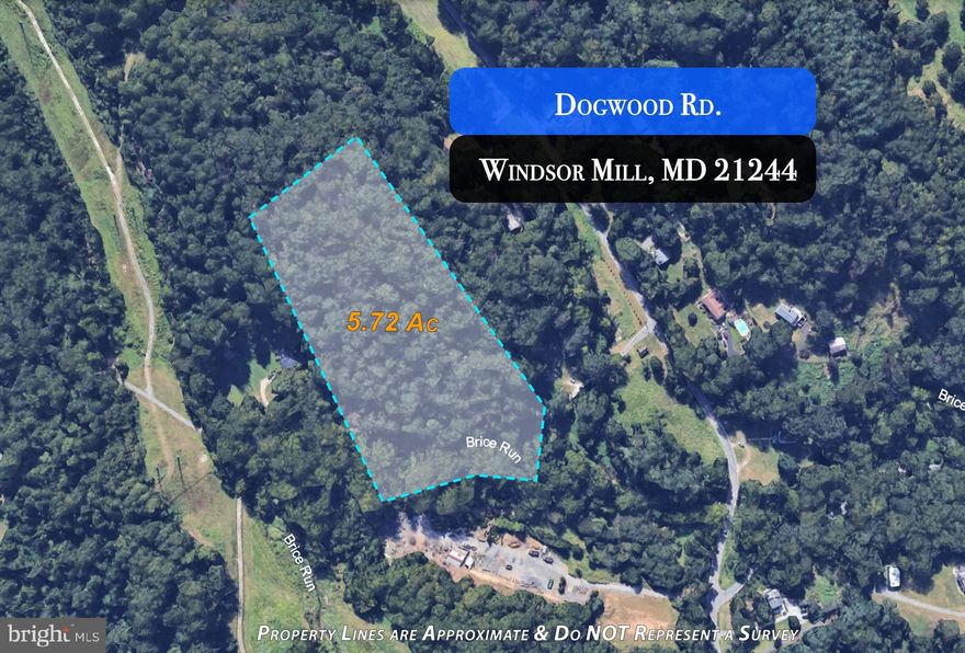 BRING YOUR OWN BUILDER - Incredible opportunity for investors or builders. 5.7  acres along a private drive with picturesque views of Brices Run. Buyer to verify zoning (possible subdivision, water and sewer).  Enjoy a unique setting that borders both scenic farmland and hiking trails while being just minutes from major business centers and transportation hubs. This is a 5.72 Acre lot located between 8914 and 8916 Dogwood Road. There is not an address for this lot. The Tax ID is 04020220000150 and has a legal description of 5.72 AC NER DOGWOOD RER 500 FT 600 N WRIGHTS MILL RD. Please contact listing agent for additional information.