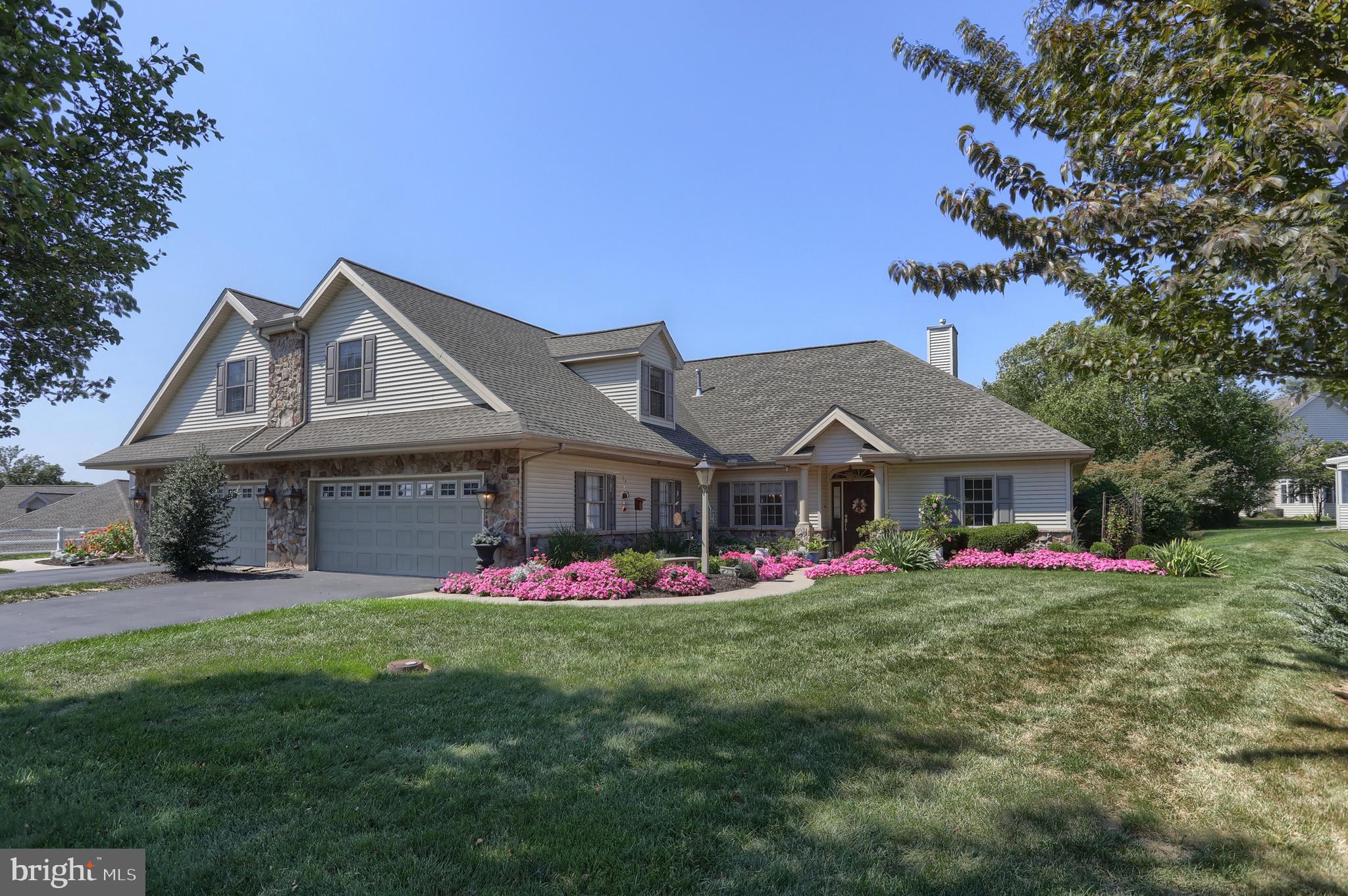 Elegance and comfort combine beautifully here! Enjoy a low-maintenance, more carefree lifestyle in this spacious Stone Creek patio home, where the HOA takes care of lawn care, yard work, snow removal, and select exterior maintenance. Nestled in a sought-after neighborhood, the location is unbeatable—just minutes from Penn State Milton S. Hershey Medical Center and Hershey amenities plus quick access to major highways and the airport. Step inside to a welcoming foyer that opens to the dining room and flows into a stunning great room with vaulted ceilings, a cozy gas fireplace, and beautiful built-ins. Glass French doors off foyer lead to a private den accented with crown molding and chair rail—perfect for a home office or quiet retreat. The well-appointed kitchen offers granite counters, a walk-in pantry, snack bar seating, and a dining area open to the great room. From here, French doors lead to a recently added sun-splashed 4-season room (2022) and a stone patio with serene views of the common area. The first-floor primary suite is a true retreat, featuring a walk-in closet and a spacious en-suite bath with double vanity, soaking tub, separate shower, and tile flooring. Upstairs, you’ll find a third bedroom with a sitting area, full bath, and large utility/storage room—ideal for guests or extended living space. Major updates include a new roof (2022), water heater (2021) and HVAC (both units replaced 2019). Come see for yourself why this spacious patio home is the perfect blend of comfort, style, and low-maintenance living.