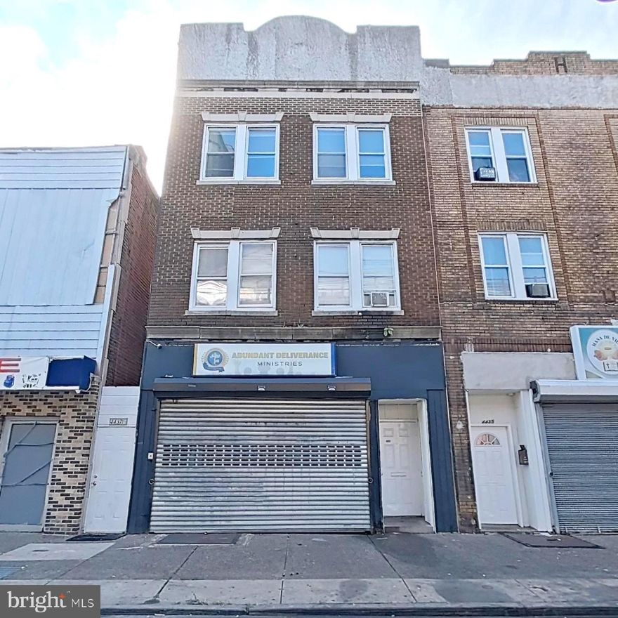 Unique investment opportunity in the Frankford neighborhood of Philadelphia. This expansive property boasts 8 total units all currently occupied. Offering an impressive 8,138 square feet on a 3,750 square foot lot, this building provides incredible versatility for future use. The property is made up of one commercial unit and 7 residential units. The gross income each month is $7,400 and $88,800/year. Each unit is all electric, the tenants pay for the electric while the landlord pays for common area electric and water. The commercial unit is occupied by a church currently paying $1,800/month while the other units pay as follows: 1R - $1,100, 2F - $800, 2R - $800, 2M - $700, 3F - $800, 3M - $800, 3R - $600. There is also an active rental license in place for the residential units. Unit 1R is not currently paying rent and will be evicted. This cashing flowing 8 unit building is the perfect property for an investor looking to add 8 more doors to their rental portfolio. You won't even need to put any work into the units or get them rented, you will have immediate cash flow from day one. The commercial unit is leased through 1/31/26, unit 1R is on a month to month lease, unit 2F is leased through 3/31/26, unit 2M is on a month to month lease, unit 3M is leased through 2/29/26, and the unit 3R is leased through 3/31/26.

Zoned CMX2, the property allows for a wide variety of commercial and residential possibilities, making it an excellent choice for investors, developers, or owner-occupants seeking mixed-use potential. The size, layout, and zoning flexibility create opportunities for redevelopment, residential conversion, or continued community use.

Situated in a highly visible location along Frankford Avenue, the property benefits from strong street presence, accessibility, and close proximity to public transportation, neighborhood amenities, and major roadways.

Whether you’re looking to add to your investment portfolio or explore redevelopment options, this property offers a rare chance to secure a large, versatile building in a growing section of Philadelphia.

This property can also be purchased in a package deal with the following properties: 4429 Frankford Ave, 4431 Frankford Ave, 4435 Frankford Ave, 4455 Frankford Ave, 4467 Frankford Ave.

Schedule your showing today!
