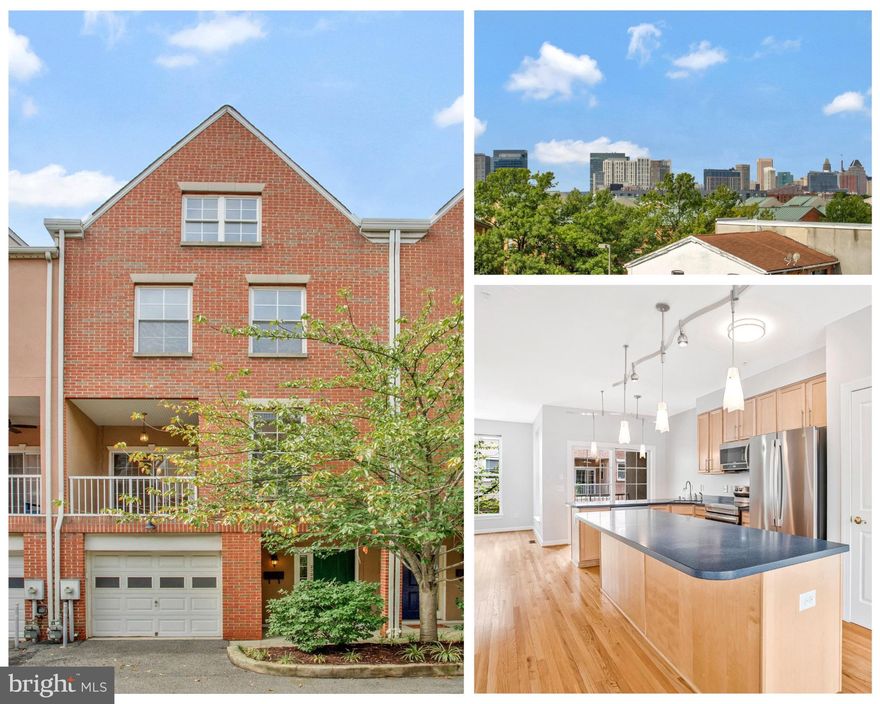 Have you wanted to live near the waterfront but without the waterfront price? A block from the Canton waterfront, you'll find a move-in ready, 4-level townhouse (2,100 SF) with a breathtaking rooftop deck showcasing panoramic downtown Baltimore and water views. The main level has open-concept living with gleaming hardwood floors and high ceilings. The gas fireplace anchors the living room with room for a sectional for TV watching. The kitchen has an incredible layout and features 42" maple cabinets, stainless steel appliances, wine chiller, center island with seating for four, and pantry. It boasts a  separate dining area (or work from home space) and covered patio, an extension of your living area. On the bedroom level, two generous bedrooms including primary suite with dramatic 2-story ceiling and ensuite bath featuring separate jetted tub and separate glass-enclosed shower. A full bath and convenient laundry area are found in the hallway.  Ascend to the versatile bonus room with vaulted ceilings that opens to the crown jewel - a private rooftop deck with expansive city and water views. Park your cars in the attached garage and enjoy easy access to Canton, Fells Point and Harbor East. This gently lived-in home is ready for you with fresh paint, new rear door and refrigerator.