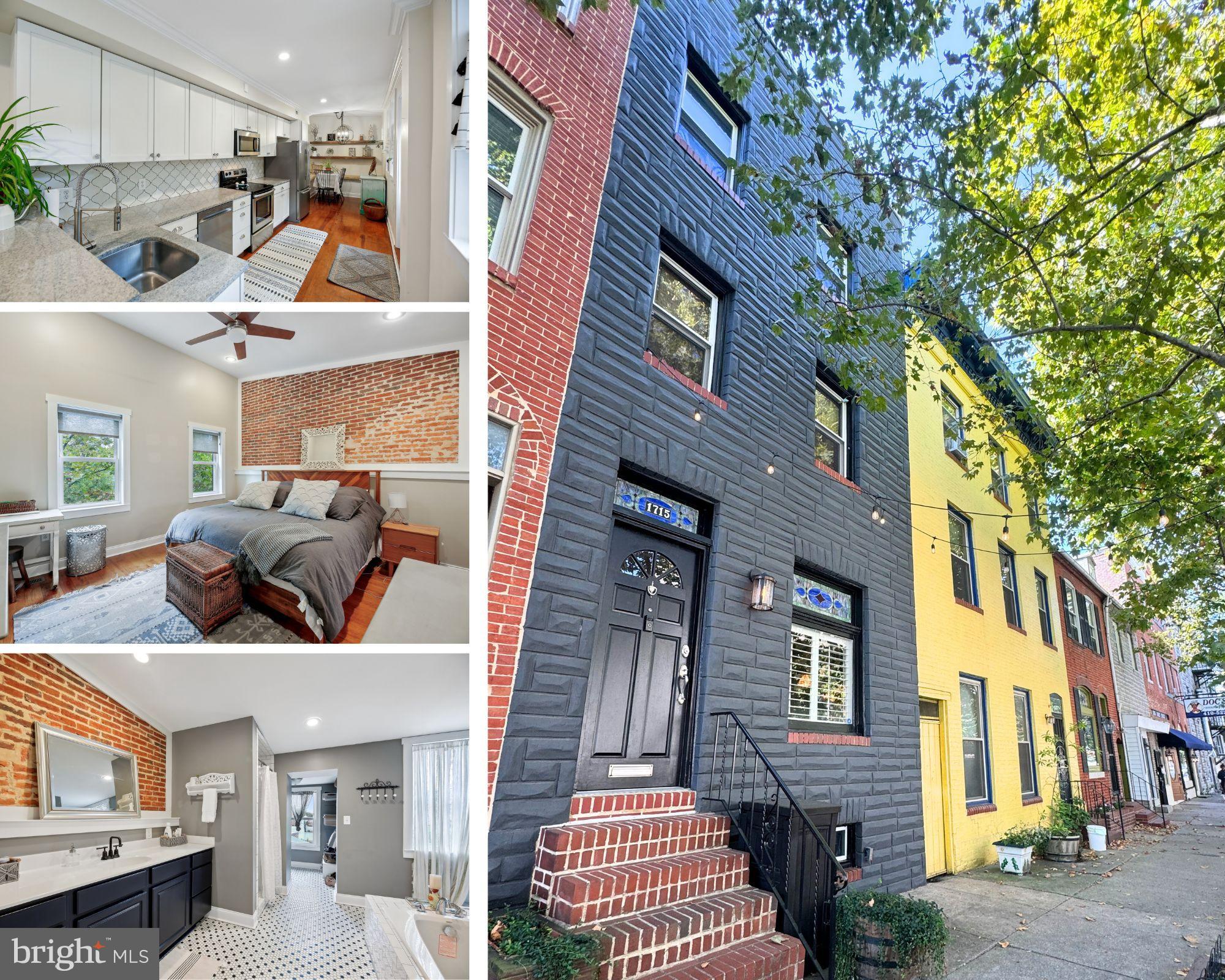 What an opportunity to own an updated home with all the charm, convenience and elegance in the Fells Point Historic District. Professionally cleaned and a 1 year HOME WARRANTY! Expansive rowhome, including 3 true bedrooms and 2 full and 2 half baths, and access to a beautiful outdoor deck space. This home features an entire level dedicated to a primary bedroom suite, with vaulted ceilings. On the main level, there is a living room, dining room, half bath, kichen with breakfast top seating, and an additional dining area with an eat in kitchen. PLUS STORAGE SPACE with a large closet on the main floor. Access the side patio area to spiral staircase to the deck. Deck has access from the spiral staircase or from inside the home. Wood floors, built in dining bench, exposed brick, vaulted ceilings, stainless appliances, granite counters - all the details combined in one home. Yes, there is a basement with plenty of additional storage!5 blocks to the water and steps from restaurants, pet clinic, shops and parks. Less than 5 miles from Johns Hopkins, Ideal for DC commute.