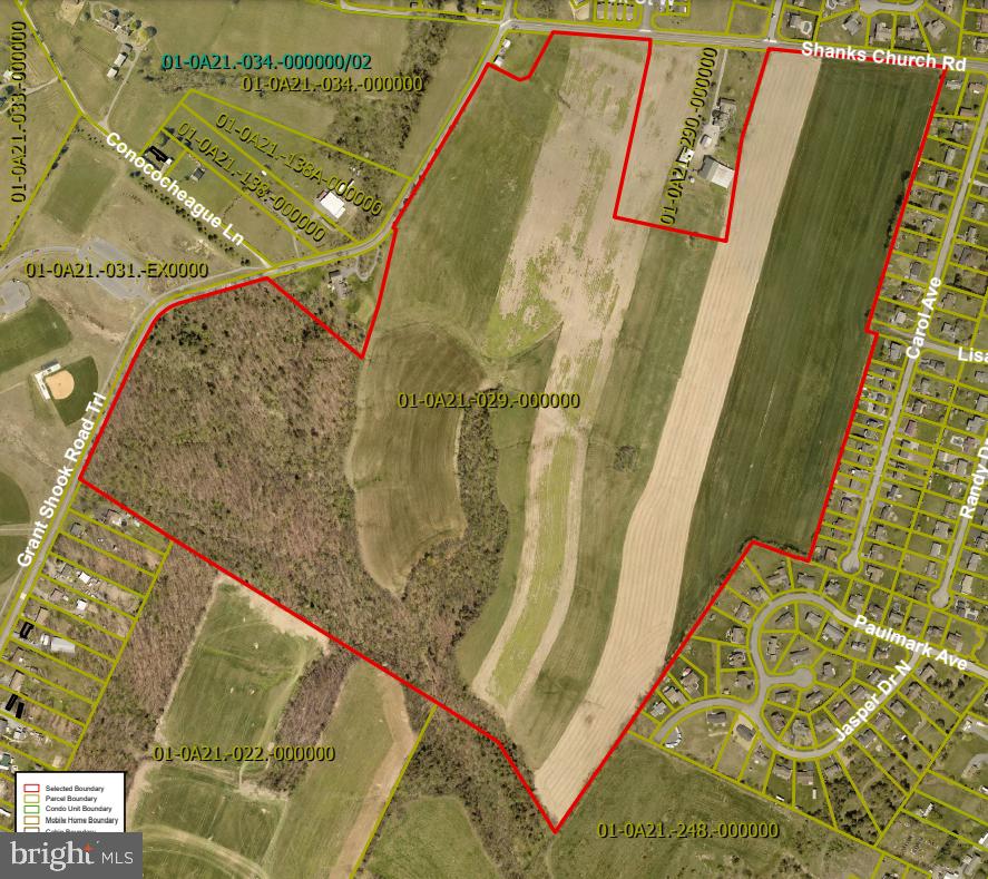 PRIME RESIDENTIAL DEVELOPMENT LAND zoned R2--ideal for multi-family dwellings. Property fronts on Shanks Church Rd. and Grant Shook Rd. within walking distance to Antrim Township Park. Site offers public sewer, natural gas, and public water possible. Antrim Township has water source onsite and has applied for approvals from the State. Topography and mostly tillable land are favorable for home sites.