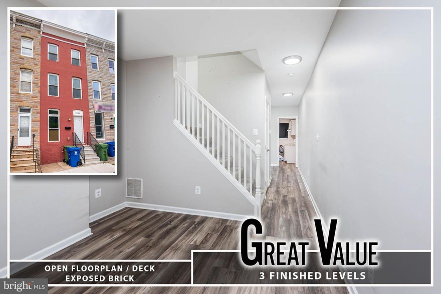 GREAT VALUE FOR THIS SPACIOUS ROWHOME WITH 3 FINISHED LEVELS!  Property needs light renovation but has great potential!  Main level with a living room, dining room, kitchen, and a half bath.  Upper 2 levels have 3 bedrooms and 1 full bath with bedroom level laundry, an unfinished basement for storage, and a rear yard.  Located close to Johns Hopkins Hospital.  Sold As-Is!