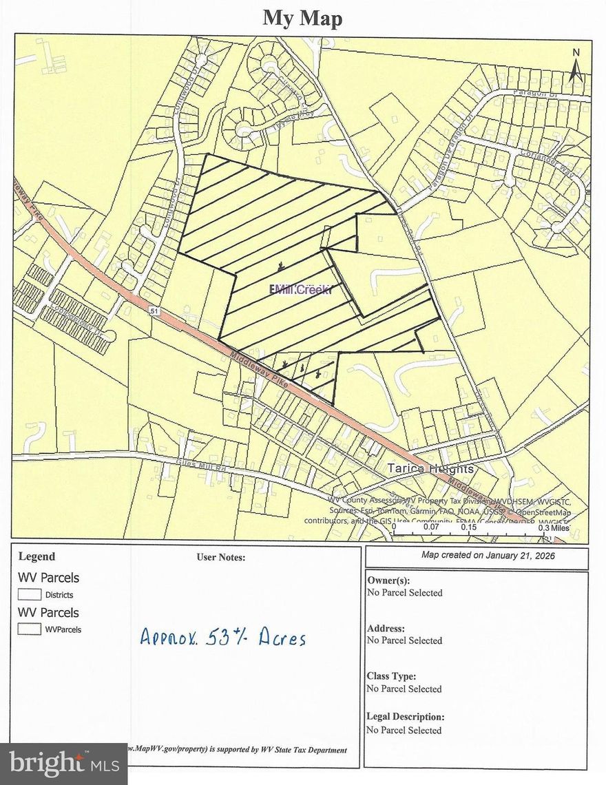 Approximately 53± acres comprised of four separate parcels with excellent income and development potential. The property includes a farmhouse (in need of repair), two rented single-family ranch homes, two double-wide mobile home rentals, and six single-wide mobile home rentals, for a total of 11 income-producing units.

The acreage is served by public water and sewer and offers significant development potential with no zoning or deed restrictions. Features road frontage on both Middleway Pike and Three Run Road, providing strong accessibility and visibility.