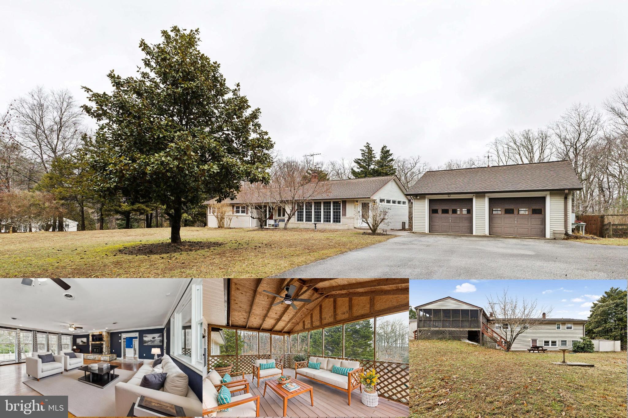 Discover this charming rambler nestled on a picturesque 1.65-acre lot in Waldorf, MD. Conveniently located to schools, restaurants, shopping and commuter routes. This home features a massive, light-filled family room with a stunning stone fireplace, perfect for cozy gatherings. The cook’s kitchen is boasting granite countertops, stainless steel appliances—including a double oven—and ample cabinetry. Four bedrooms and two full bathrooms. The main level offers three spacious bedrooms and a full bathroom, while the finished basement provides an additional bedroom and full bath. The primary suite impresses with a custom closet and an upgraded bath complete with a jacuzzi tub and separate shower. Original wood floors flow throughout the main level, adding warmth and character. Relax in the large screen porch overlooking the serene backyard. An oversized detached garage and shed offer plenty of storage and workspace. Don’t miss this incredible opportunity!