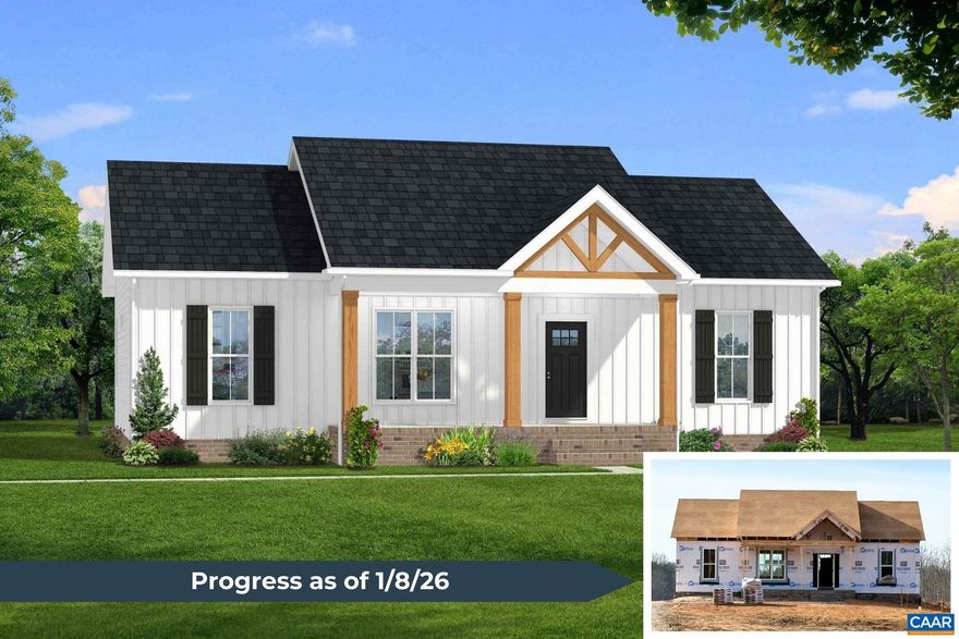 Modern comfort meets peaceful rural living in this beautifully designed home featuring the popular Laurel Creek floor plan a 3 bedroom, 2 bath home. The open concept great room boasts a soaring cathedral ceiling and flows seamlessly into the dining and kitchen areas, perfect for entertaining and everyday living. The kitchen shines with granite countertops, Merillat cabinets, a central island, and pantry, while durable LVP flooring extends throughout the main living spaces. Enjoy serene country life on a private 2.5-acre lot in desirable Buckingham County, just 20 minutes from Scottsville and Dillwyn, close to schools, amenities, and recreation. This home offers the perfect combination of modern design and natural charm.