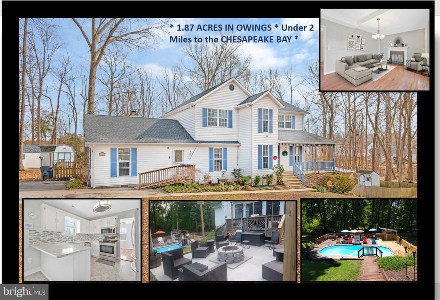 NO HOA * This Unique Home is on  a 1.87 acre Private Lot on a Culdesac.  Enjoy the Wildlife from your Wrap @ Porch * New Roof 2018 w/30 Year Shingles * Refrigerator New in Sept 2024  * Hardwood floors, Tile and LVP flooring throughout.  Big Gathering room w/FIREPLACE can be your Living Room or Dining Room w/additional Flex space on Main level which can also be Dining or Living Rm - You Decide! Breakfast Room on Main level can be used as and was most recently used as an Office * 4 Generous Sized Bedrooms in all * 2nd Bedroom on Upper Lvl has a large WIC and Adorable Office Nook * Beautiful Inground Sport Pool is 3ft on the ends to 6ft Middle * Loop-Lock Pool Cover * Pool Pump New in 2020 * Custom Built Pool-Bar makes this a perfect Oasis for Entertaining.  Fenced back yard for your pets.  NO HOA * Big enclosed All -Season Sun Room off kitchen takes you to Your Cafe Patio w/Fire Pit * 

If that's not enough! - This Fabulous Home offers a complete SEPARATE ENTRY APARTMENT SUITE off the main house with its own 2nd Kitchen w/refrigerator/microwave/stove, full bathroom, family room, Bedroom w/a Walk-In Closet and 2nd Set of Laundry appliances - Washer / Dryer. Perfect for In-Law Suite, Main-Level Primary Suite or Additional income if you wish!  It IS part of Main House, but also has separate Entrance which makes this another GREAT Flex Space! New Heat Pump  for Apartment 2022 * Multi-Generational Living.  2 Heat Pumps * 2 Kitchens * 2 Hot WAter Heaters * 2 sets of Appliances and Washer/Dryer

BAT septic installed January 2015 and just serviced Dec 2024 * 2 Large Sheds provide all the STORAGE you need and have electric! Plus an additional “pool shed” and a Fenced Yard! BEST OF ALL – NO HOA!  FANTASTIC SCHOOLS * EASY commute to DC/Balt/Annapolis & Jt Base Andrews * LESS THAN 2 MILES to the CHESAPEAKE BAY AND ALL that CHESAPEAKE and NORTH BEACH HAVE TO OFFER - FANTASTIC DINING * BARS * SHOPPING * PUBLIC BEACHES * MARINAS * SLOTS * ROD N REEL RESORT *  3 BOARDWALKS * SO CLOSE TO IT ALL!!*

Lawn Equipment, if Your interested, can be purchased separately