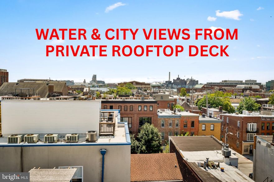 **50% OFF 1ST MONTH'S RENT FOR MOVE IN ON OR BEFORE 11/15!** A rarely available corner 2 bed, 2.5 bath penthouse condo in the heart of Fells Point with secure covered parking and a rooftop deck with sweeping views of the harbor and city skyline. Elevator in building! Open main level with hardwood floors, spacious living area, powder room and a Juliet balcony. 2 large bedrooms, each with their own bathroom, laundry, and stairwell access to rooftop deck. Primary comes with ample natural light, large ensuite bathroom and walk-in closet. The private rooftop deck will wow you with water and city skyline views. A perfect space to unwind after a busy day, hang out with friends and watch the fireworks on NYE and 4th of July.  Gated parking lot with an assigned parking space for 1 car (#10) and community offers easy communication to use other resident spots when available for your guests. Live in an incredible building with a gated community courtyard complete with a grilling area, seating, Koi pond, elevator and secured parking. Located minutes from the iconic Thames Street in Fells Point, Harbor East, Canton, and Johns Hopkins. Easy access to I-95 and I-895. Steps to the waterfront, the newly renovated Broadway Market, Starbucks, Whole Foods, shops and some of the city’s finest dining. Pet friendly. Immediately available! Please note: Rooftop deck is under construction for approx. the next 30-60 days.