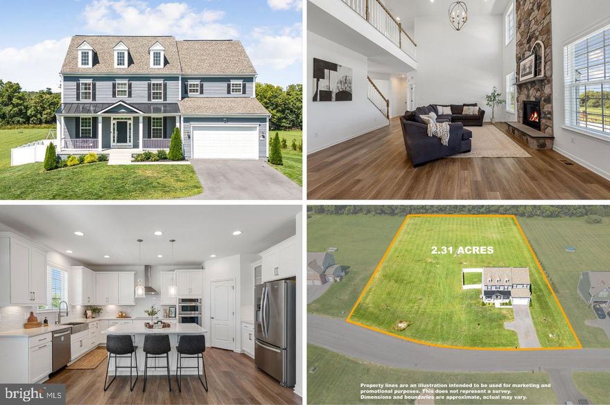 *$24K Price Drop* Discover the epitome of elegance in this nearly new colonial home, situated on 2+ acres of pristine acreage in Martinsburg’s premier Stone Mill Estates. Located less than 10 minutes from historic Shepherdstown, this well-appointed Castlerock II floor plan with over 3,100 square feet of above-grade living space also features a roomy walk-out lower level that already has one finished room and is ready for additional customization. As you enter, the inviting front porch leads into a thoughtful main level, which includes spaces for a formal dining room, extra living room, and a versatile study, play area, gym, or office – all with tall ceilings and consistent LVP flooring throughout. The great room, with its stunning two-story stone fireplace, invites you to relax and unwind. The open-concept gourmet kitchen is a chef's dream, boasting an expansive island, glass-front cabinets, stainless steel appliances, a large pantry, timeless backsplash, and quartz countertops. Ascending the staircase, you'll find four generously sized bedrooms and two full bathrooms. The connecting catwalk offers views of the stone fireplace below. The sizable primary suite with its double-door entrance is a true retreat, featuring a vast walk-in closet and luxurious ensuite bath with dual vanities, a relaxing soaking tub, and a tile shower with built-in seat. A second-floor laundry room adds extra convenience, while three additional bedrooms with walk-in closets provide ample space for family and guests. Off the 2-car garage is a mudroom with built-in storage, perfect for keeping things organized and uncluttered. There’s also a recently installed generator transfer switch for backup power. Set in a serene landscape backing to trees, this gorgeous property offers ample space for recreation or equestrian pursuits while also having a fenced area for pets, kids, gardening, etc. Plus, there's a paver patio area right out the back door. Experience the perfect blend of beauty, comfort, and style in a lovely community setting that's easily accessible for commuters. You'll love it here!