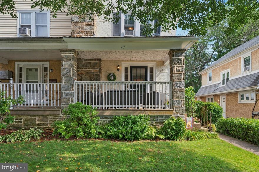 Showings being Sunday after 1pm.  Welcome to 17 E. Turnbull Ave in the center of Havertown!  This nicely maintained twin home sits central to all things Havertown being just minutes from shops, restaurants, schools, trails and parks!  Walking up to home you’ll see a welcoming raised front porch before entering the home.  Inside, beautiful hardwood floors with walnut inlays run throughout the first and 2nd floors.  The layout begins with a good sized living room with corner stone fireplace and gas insert that is wonderful to turn on in the cooler months.  Next you’ll find a formal dining room with chair rail and built in corner cabinet.  Stepping into a well designed eat in kitchen, you’ll find beautiful cherry wood cabinetry that includes a very nice pantry cabinet, tile flooring, subway tile back splash, Corian countertops with under mount sink, stainless steel gas stove & dishwasher, under cabinet lighting and well located window to over look the backyard.  Just off the back of the kitchen offers a mud room area before stepping out to newly fenced rear yard with paver patio and walkway.  The well maintained yard and landscaping includes a storage shed and great space to entertain and garden!  Back inside, the second floor presents 3 good sized bedrooms, as well as, a renovated hall bath with pedestal sink, tile floor and tub with tile surround.  Stairs off the 2nd floor hallway lead up to a high ceilinged unfinished attic with great storage space and offers an opportunity to be finished into an additional room with space for another bathroom.  Back downstairs, you’ll find stairs off the kitchen lead down to an unfinished full basement that includes laundry area, a basement door to bilco doors (for easy access to the exterior), loads of storage space and the gas utilities, including gas hot water heater (2024) and gas boiler.  Located in Havertown’s Oakmont neighborhood with interconnected sidewalk lined streets, you can walk, run or bike everywhere.  The Haverford Middle School and High School are just 2 blocks away and offer access to their outdoor track and fields, while the newly renovated Haverford Public Library is just another couple blocks down Darby Road.  Additionally, public transit can be found by bus along Darby Road or by using the Norristown High Speed Line, giving easy access to Philadelphia and the Main Line.  Don’t miss this great opportunity to own in Havertown!    Please note, this home does not have a driveway.