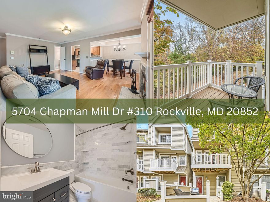 Welcome home to 5704 Chapman Mill. If you've been looking for a property that offers stunning updates and the perfect floorplan,  in a quiet and serene Bethesda location  this is the home for you. The charming patio features a large area to entertain guests,  or to sit peacefully reading your favorite book, all the while looking at the beautiful forest steps away. Once inside, the elevated foyer ceiling and modern paint  will catch your eye. As you ascend to the first floor, gleaming hardwoods, a cozy fireplace and thoughtfully designed living room await. A generously sized dining room,  half bath and magnificent outdoor space flow perfectly off of the living room.  Entertaining guests  is a breeze and joy in this home. The expansive kitchen offers an open concept feel and  is teeming with cabinetry, gorgeous granite, updated appliances, a walk-in pantry and more. The bright and airy upper floor boasts two spacious bedrooms, walk-in closets in both bedrooms, and bathrooms that were designed to offer nothing short of a spa-like experience. Each over-sized bathroom displays timeless color schemes that run throughout the beautiful tile, vanity and accent pieces.  No detail has been overlooked!  You will be delighted every time you arrive home to 5704 Chapman Mill.   NEW CARPET.  HVAC 2024!! Updated appliances. Community Pool and Tennis Courts. Seconds from Pike and Rose, 355, 270, 495, Wildwood Shopping Center, Montgomery Mall, downtown Bethesda, Grosvenor-Strathmore Metro Station, DC and so much more! If you've been waiting for the perfect place to unwind and enjoy life, this is the home for you. Schedule your showing today.