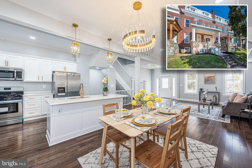 BEYOND SPECTACULAR DESIGNER RENOVATION WITH 4 FINISHED LEVELS OF LIVING SPACE!  Extra wide porch front home featuring an open floor plan, wood floors throughout the main level, a designer island kitchen with attractive white cabinetry, ss appliances, & Quartz counters, a main level half bath, 2nd level Primary bedroom suite with a full bath & private balcony, and 2 additional bedrooms with a hall bath, 3rd level with a bedroom and den/sitting area, a finished basement with a family room, 5th bedroom, and 3rd full bath, and a private rear yard with a gated parking pad.  Incredible location - across from Mondawmin Mall and a few blocks from Druid Hill Park with a community pool, boat lake, disc golf course, walking/jogging paths, and the Baltimore Zoo!