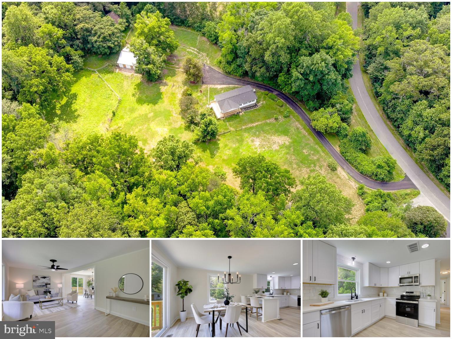 This Huntingtown homestead is an easy commute to Joint Base Andrews, Annapolis and Washington DC! Bring your horses, goats and chickens to this scenic 3.88 acre property, offering a slice of country life-- yet so close to the city! A 5-stall horse barn with tack room is surrounded by three gorgeous pastures that are ready for your livestock! Enjoy your morning coffee while watching the sun rise from the new wraparound porch. Surrounded by mature trees, this idyllic retreat provides unparalleled privacy while maintaining a scenic, open feel. This 5 bedroom, 3 full bath rambler with a finished basement has been gorgeously renovated. Home feature a new roof, new siding, new windows, and a new sliding glass door for abundant natural light. The interior boasts top quality, new stainless steel appliances, new Quartz countertop with barstool seating, sleek new lighting fixtures, new shaker style doors throughout, fresh new LVP flooring, and brand new HVAC system, complemented by a new pressure tank and a freshly paved asphalt driveway. Main level has a large living room, dining area, large kitchen with barstool seating, primary en suite, two additional bedrooms and a second full bath upstairs. You'll love the finished basement with a large family room and a wood stove. Lower level also a storage area, a full bath, a large bedroom and a gym/office/playroom that could serve as a fifth bedroom. There is no HOA here so bring your four wheelers and travel trailers. An old tobacco barn sits in the corner of the property. The horse barn stall doors were rebuilt with repurposed wood from the tobacco barn --reincorporating the historic nature of the property. Located in an area of top rated schools and close to shopping, restaurants, hospital, and a movie theatre. Perfect property if you've ever dreamed of owning a farmette! Live a self-sustaining lifestyle with plenty of land to garden and house your animals---combining modern amenities with the timeless appeal of rural life!