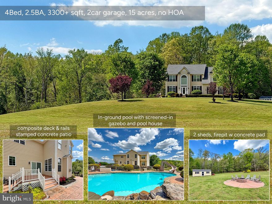 Situated on 15 spectacular acres, this beautifully updated 4-bedroom, 2.5-bath home offers over 3,300 square feet of comfortable living, paired with the kind of outdoor setup that’s hard to find.

Inside, the home has been thoughtfully refreshed with wide-plank luxury vinyl flooring throughout both levels, creating a seamless, contemporary feel. Updated lighting, ceiling fans, fresh paint, and upgraded door hardware—including hinges, knobs, and louvers—add a clean, cohesive finish throughout. The overall style blends classic country charm with modern touches, giving the home a warm, updated feel without losing its character.

Step outside, and the property truly shines. The 40’ x 22’ in-ground pool (3.5 to 7 feet deep) is designed for both relaxation and fun, complete with a waterslide, a true stone waterfall, and surrounded by over 2,000 square feet of recently power-washed and sealed stamped concrete patio—perfect for entertaining. (The pool has been serviced by McConnell Pools.)

The outdoor amenities continue with a pool house featuring a half bath and dual entryways, a fully screened 12’ x 24’ gazebo with 2 ceiling fans and Trex-style flooring, a dedicated fire pit area with concrete pad, two large storage sheds, and RV parking (including 50 amp service on the side of the home.) Inside the 2 car side load garage, you'll find a professionally installed Ford Electric Vehicle Charger (added in 2022.) Hot Water Heater (2023). New AC for HVAC was installed for second level (2024). Home is equipped with a 20 KW Generac generator. New 50-year Architectural Shingle Roof (2024). Well is 2 years old (a new pump was added in July of 2025). Septic is 2005 (pumped twice since owned).

With 15 usable acres, the possibilities are endless—whether you’re dreaming of a hobby farm, additional outbuildings, recreational space, or simply enjoying the privacy and open landscape. A stream/creek exists that runs all the way to the Patuxent River.  Hunting is also available on the property.

This is more than just a home—it’s a lifestyle property that offers space, flexibility, and resort-style living right in your own backyard.