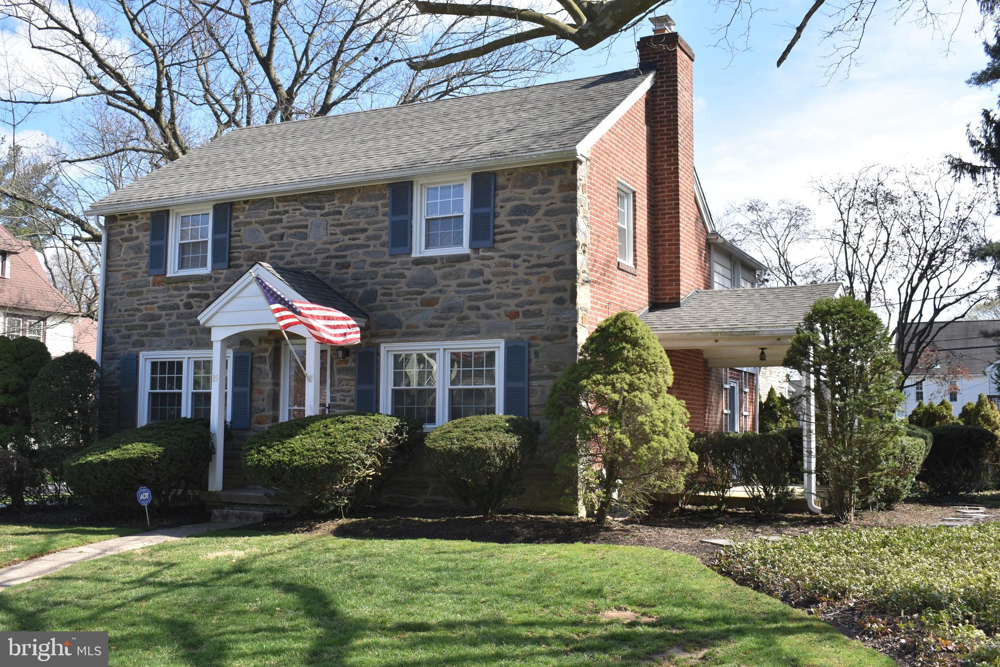 Excellent Stone & Brick Colonial in sought after Merion Golf Manor. Covered porch, Entrance way, Living room with fireplace and TV above mantel. Exit to side covered porch. Step down Family Room with large bay window. Powder room. Large bright Eat-in Kitchen with wall oven, dishwasher, garbage disposal, and counter top range. Dining room. 2nd Floor, Master bedroom with bath with stall shower, 3 additional bedrooms and 1 ceramic tiled bath with a tub shower. Full basement with washer & dryer. Newer gas hot air furnace and central air. Refinished hardwood floors. 1 car detached garage with automatic door. Well landscaped private lot. Walk to P & W trolley, parks, Oakmont restaurants, and YMCA. Excellent Haverford Schools.